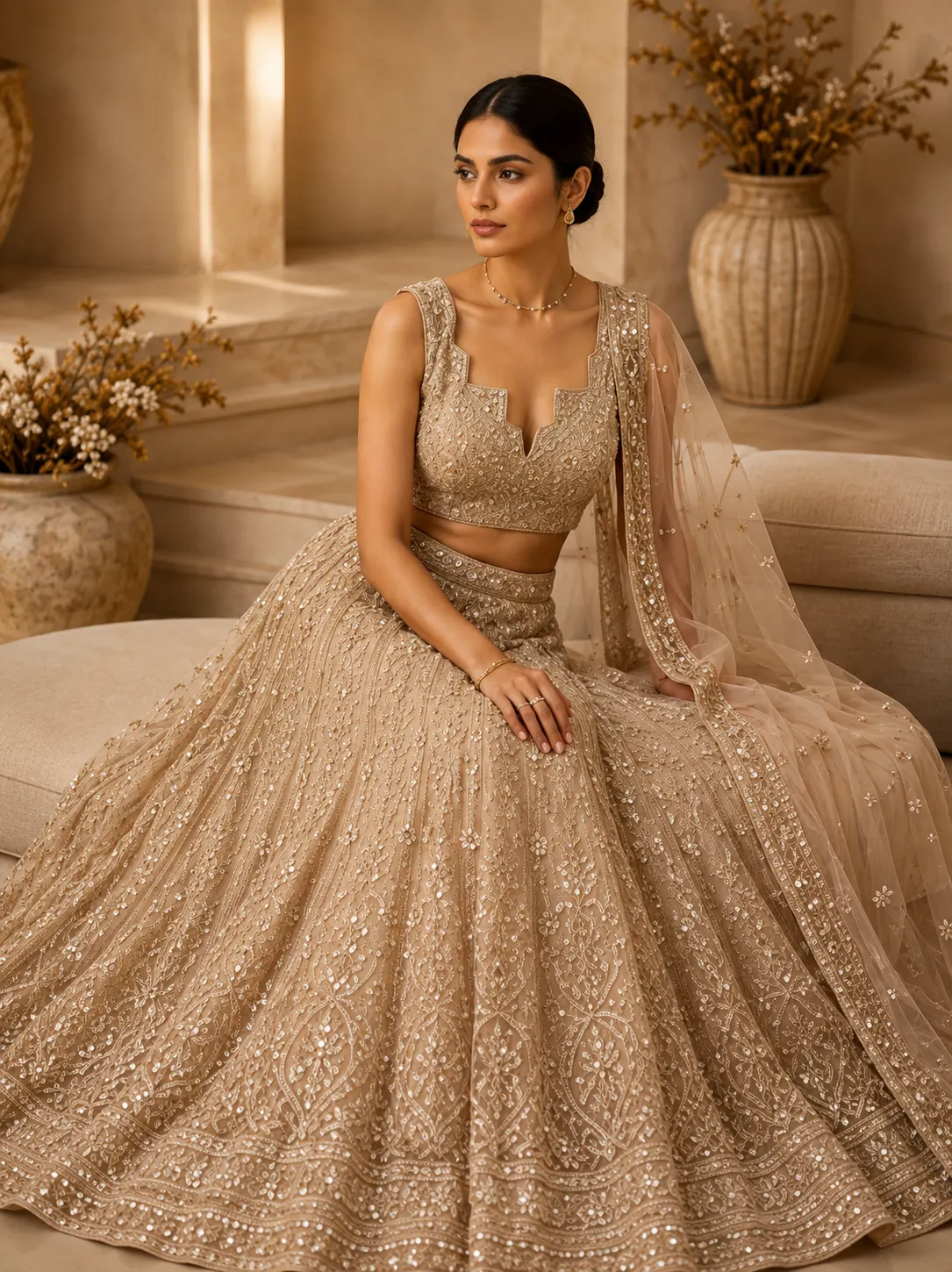 Beige Zariwork Net Readymade Lehenga