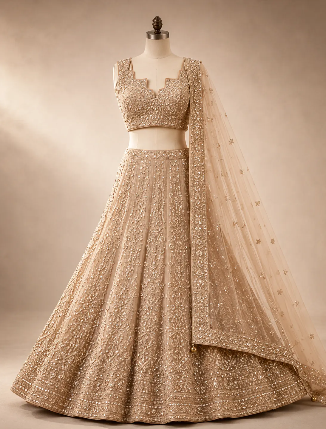Beige Zariwork Net Readymade Lehenga