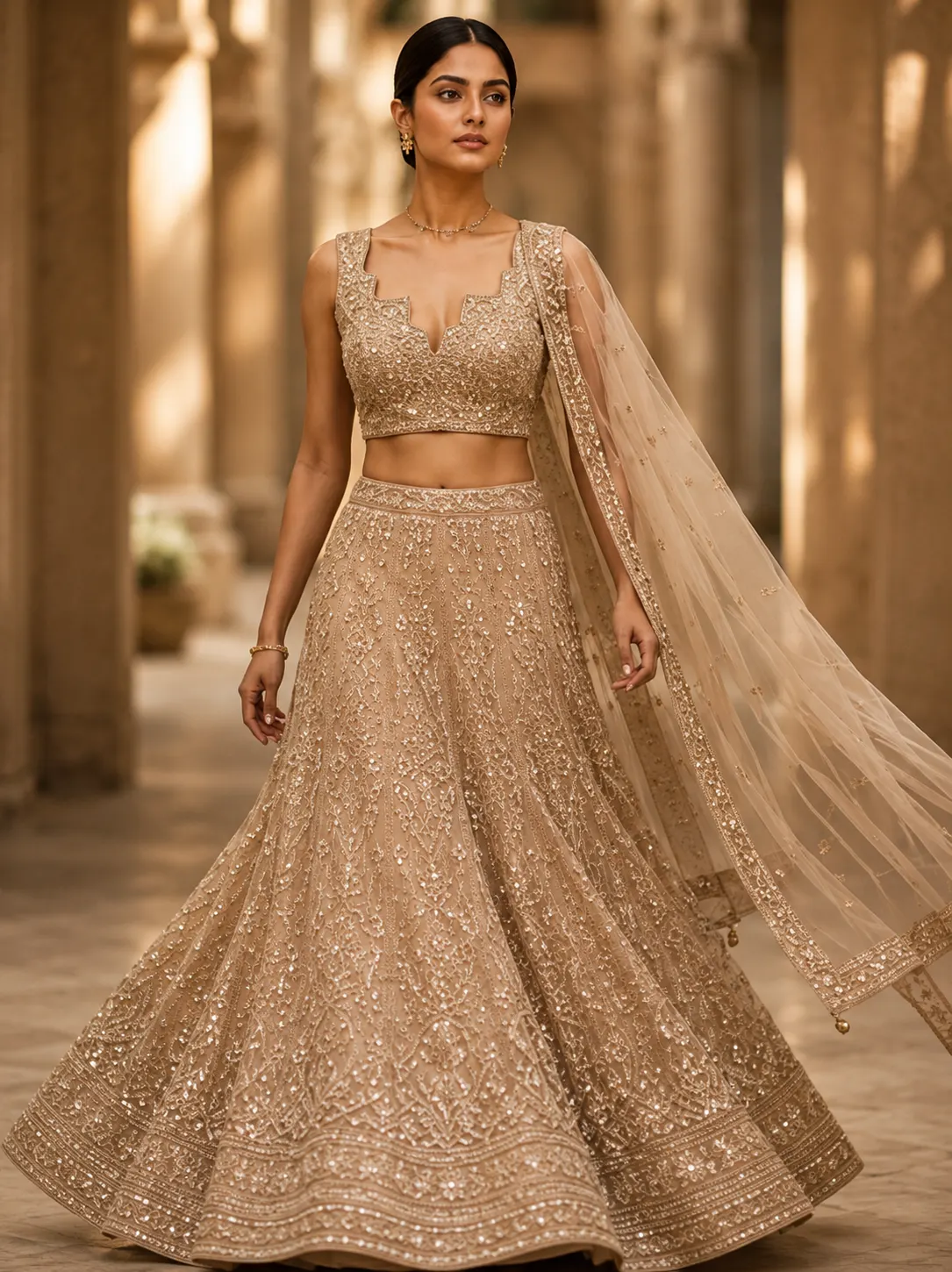 Beige Zariwork Net Readymade Lehenga