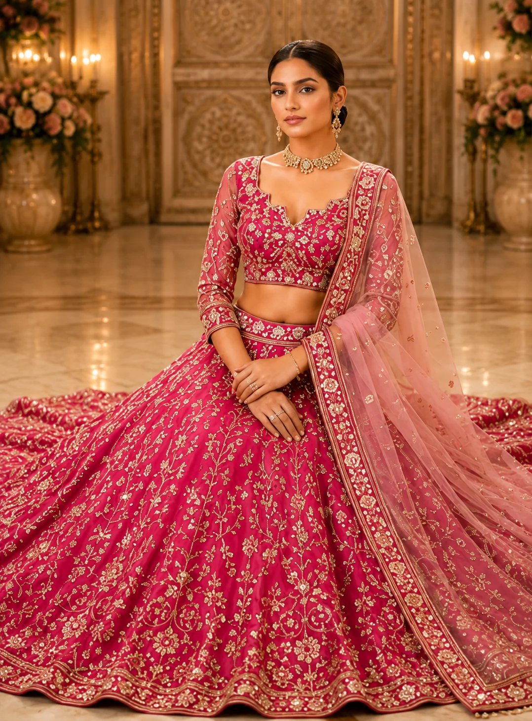 Rani Pink Zariwork Velvet Readymade Lehenga
