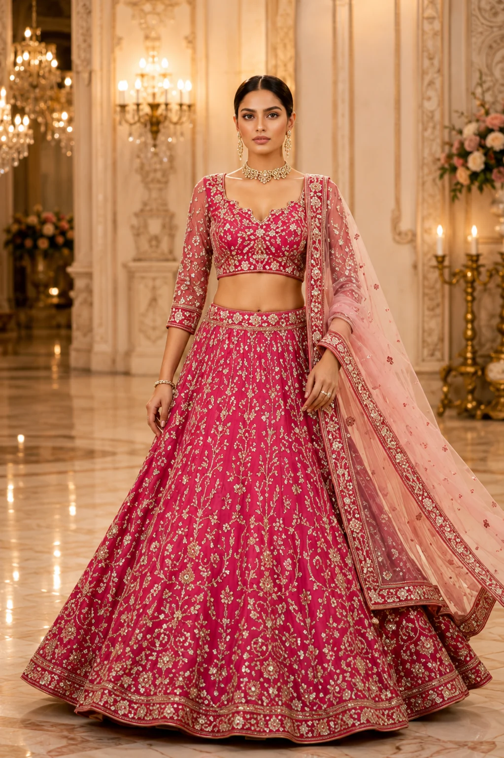 Rani Pink Zariwork Velvet Readymade Lehenga