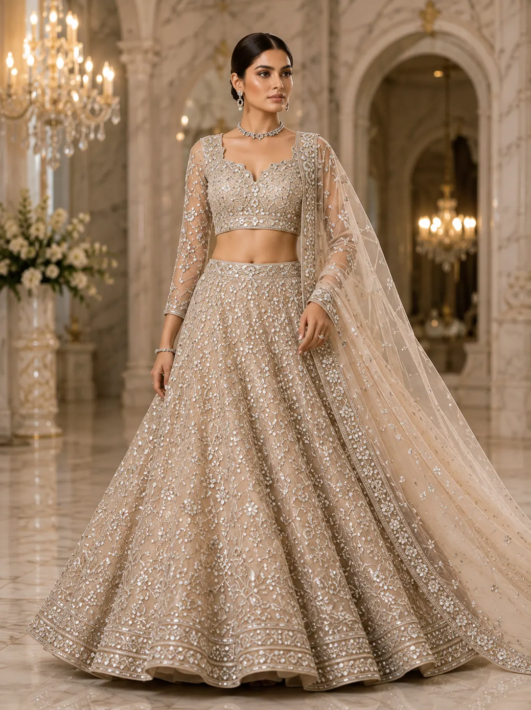 Beige Zariwork (Silver) Net Readymade Lehenga