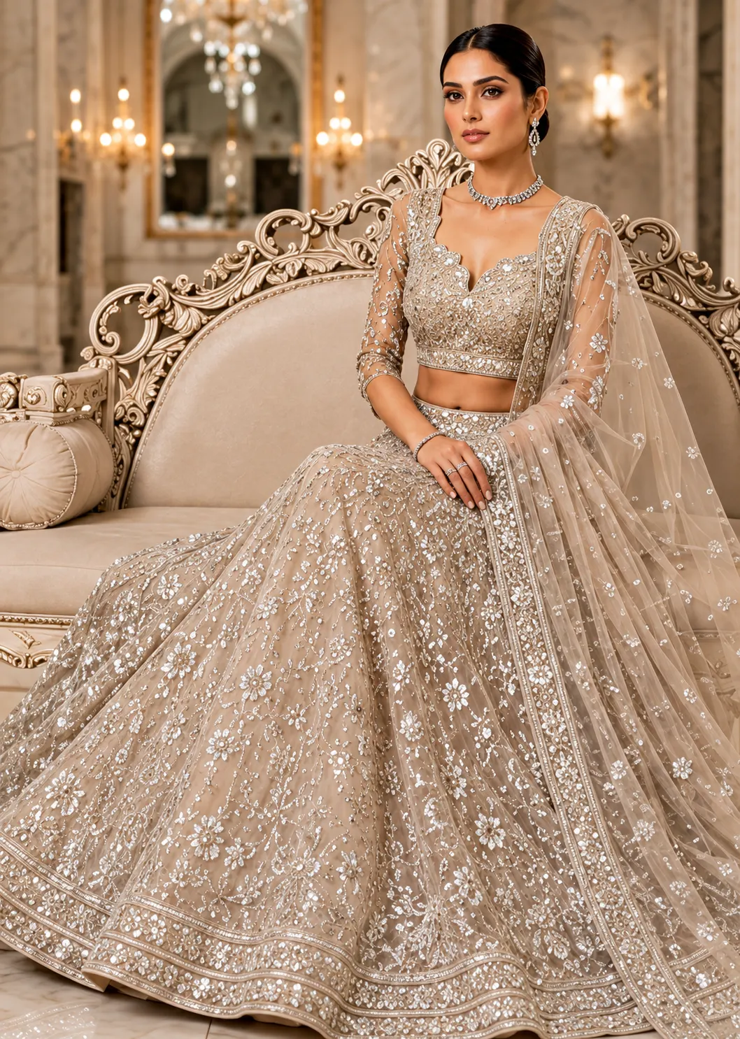 Beige Zariwork (Silver) Net Readymade Lehenga