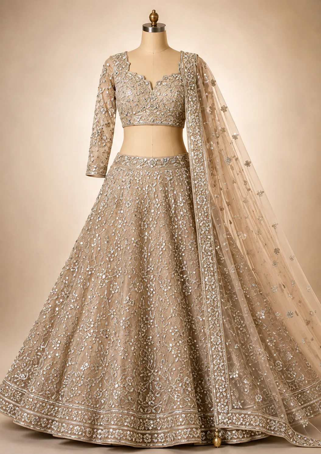 Beige Zariwork (Silver) Net Readymade Lehenga
