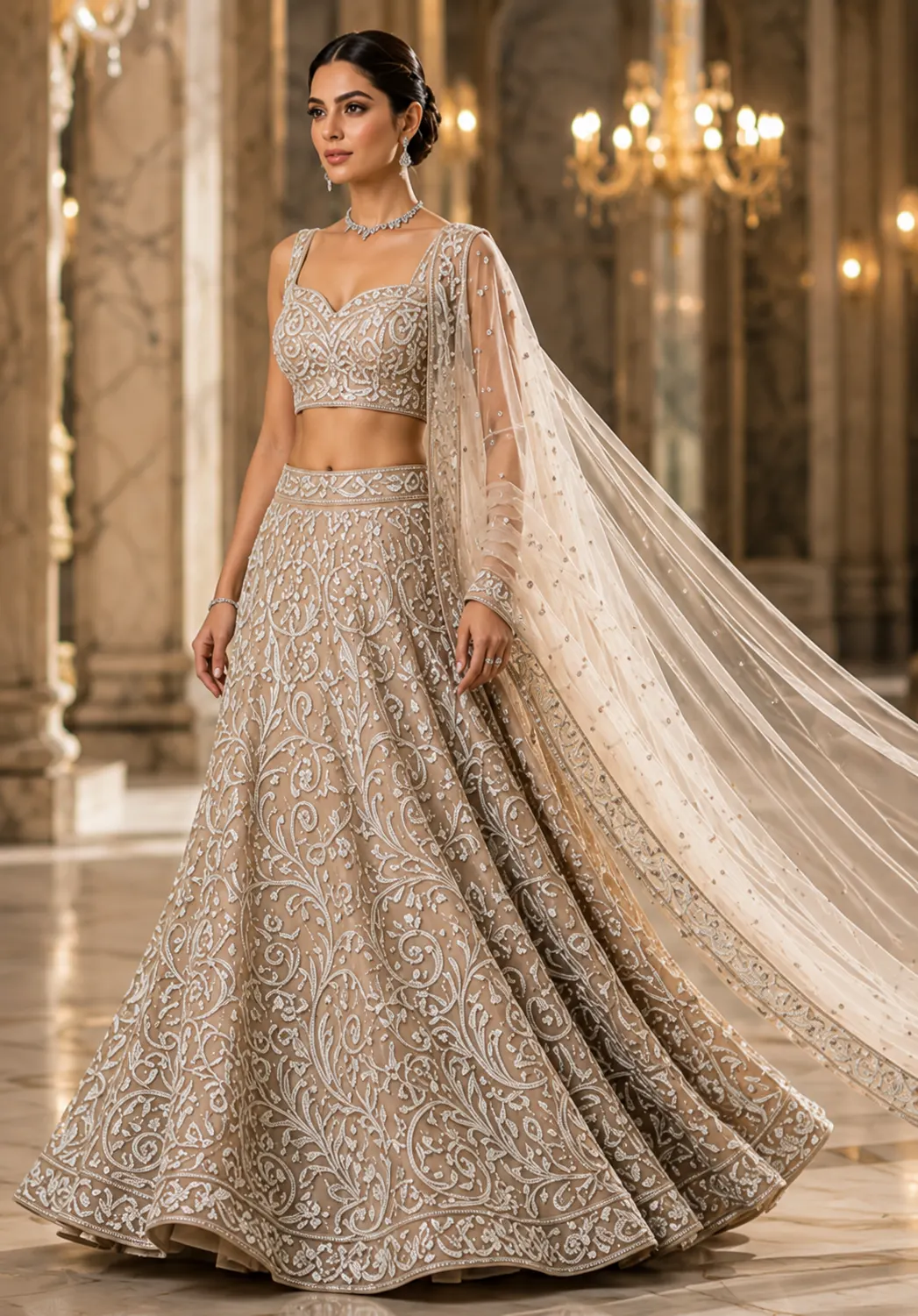 Beige Cording Net Semi-Stitched Lehenga