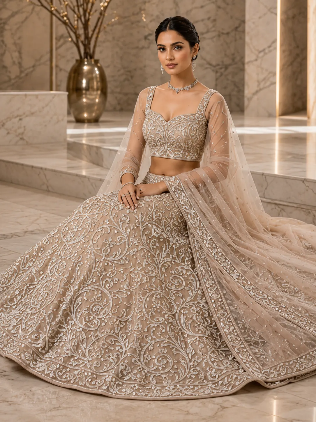 Beige Cording Net Semi-Stitched Lehenga