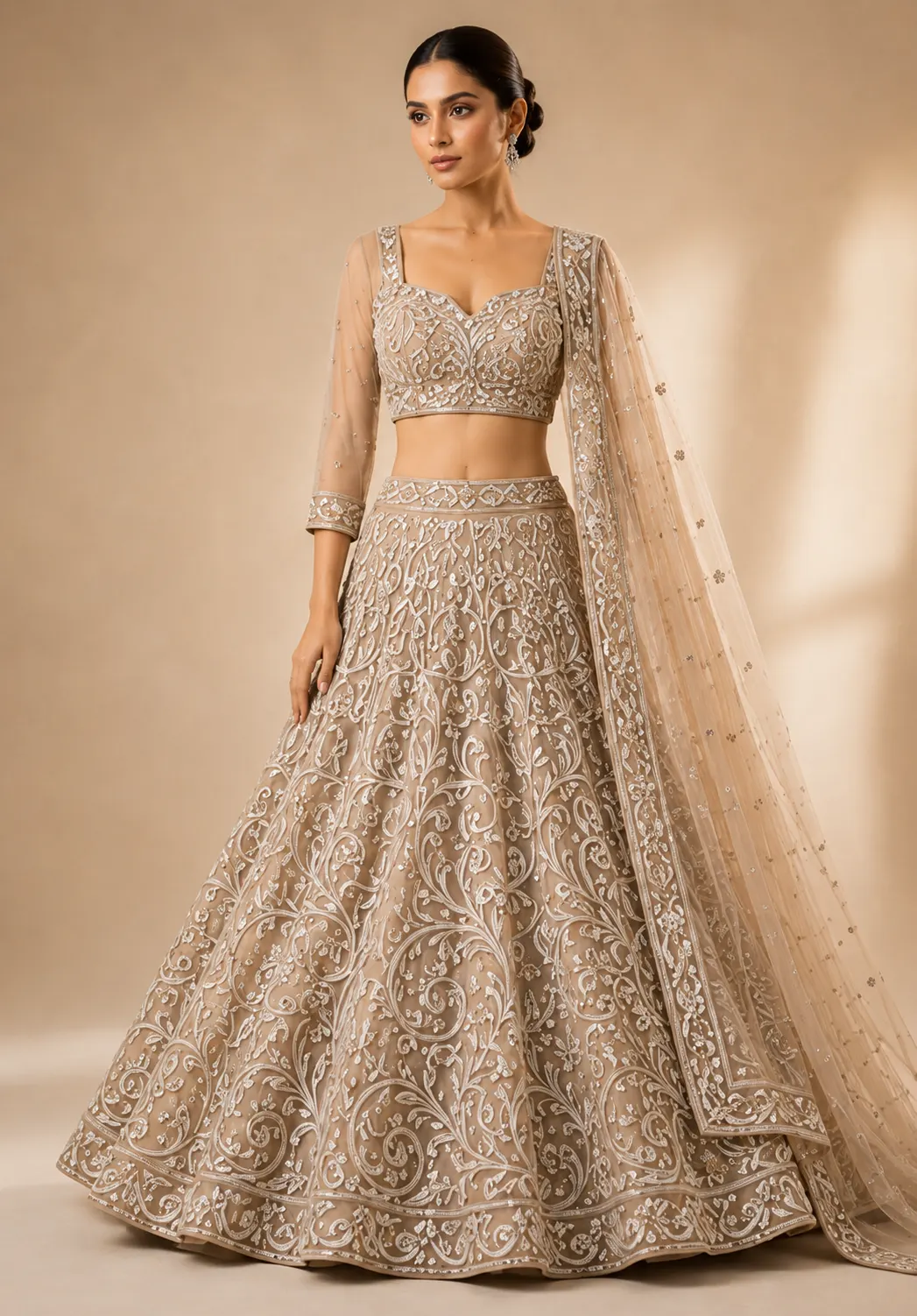 Beige Cording Net Semi-Stitched Lehenga