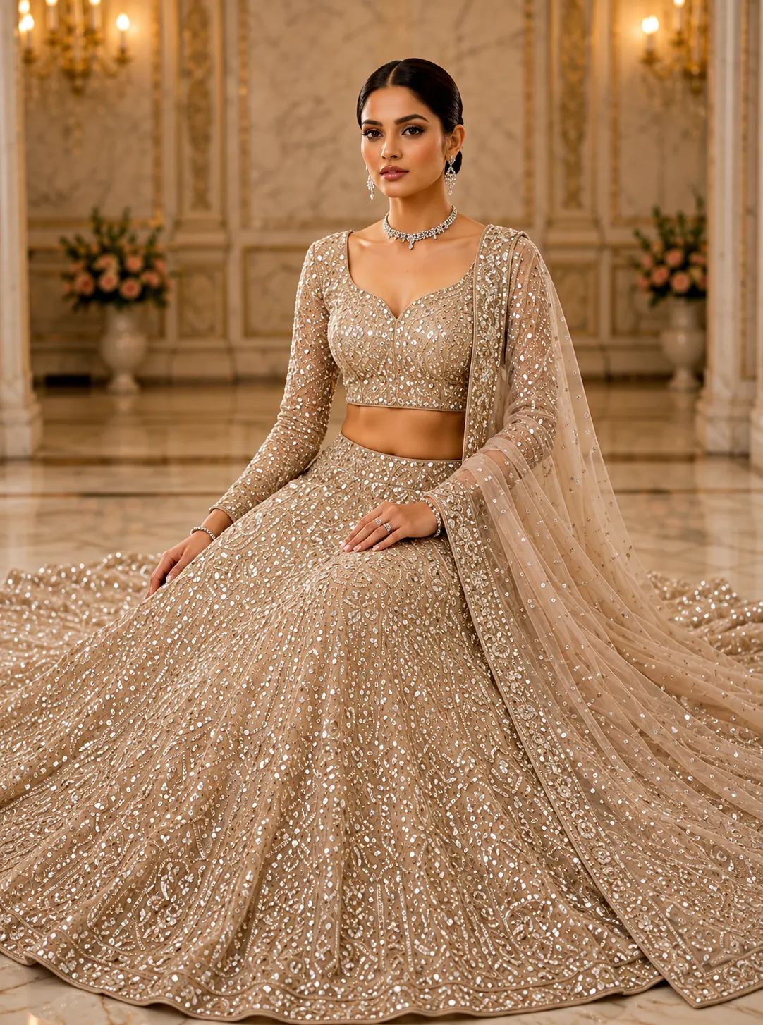 Beige Sequins Net Readymade Lehenga