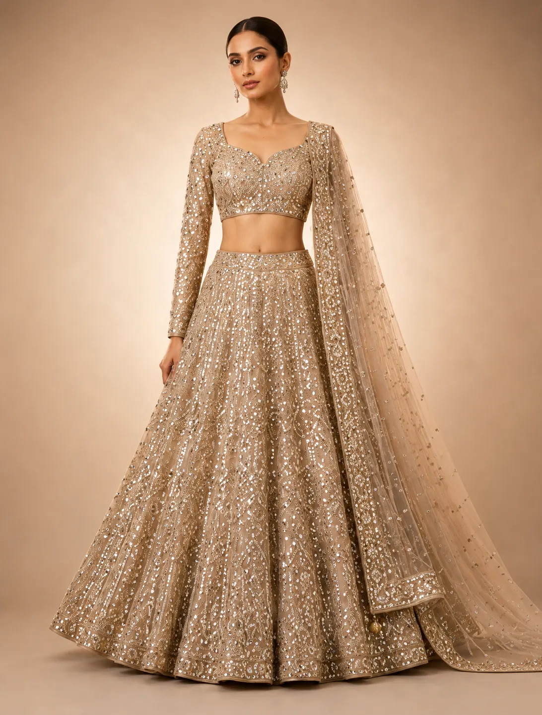 Beige Sequins Net Readymade Lehenga