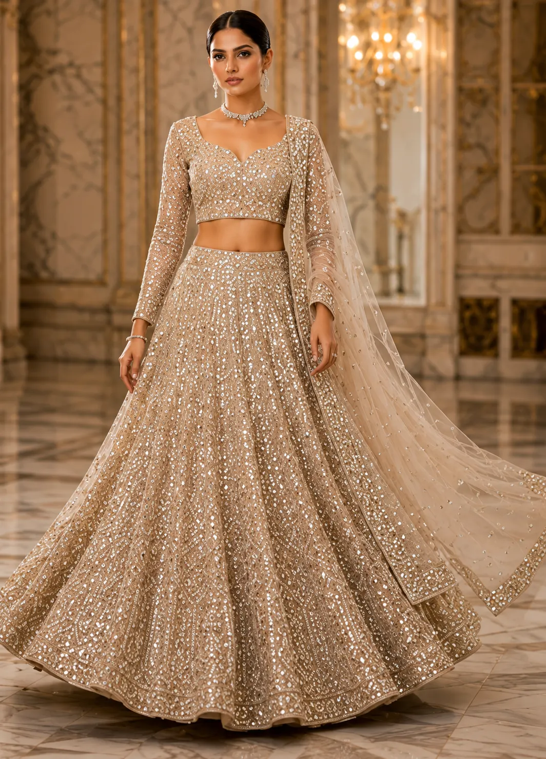Beige Sequins Net Readymade Lehenga