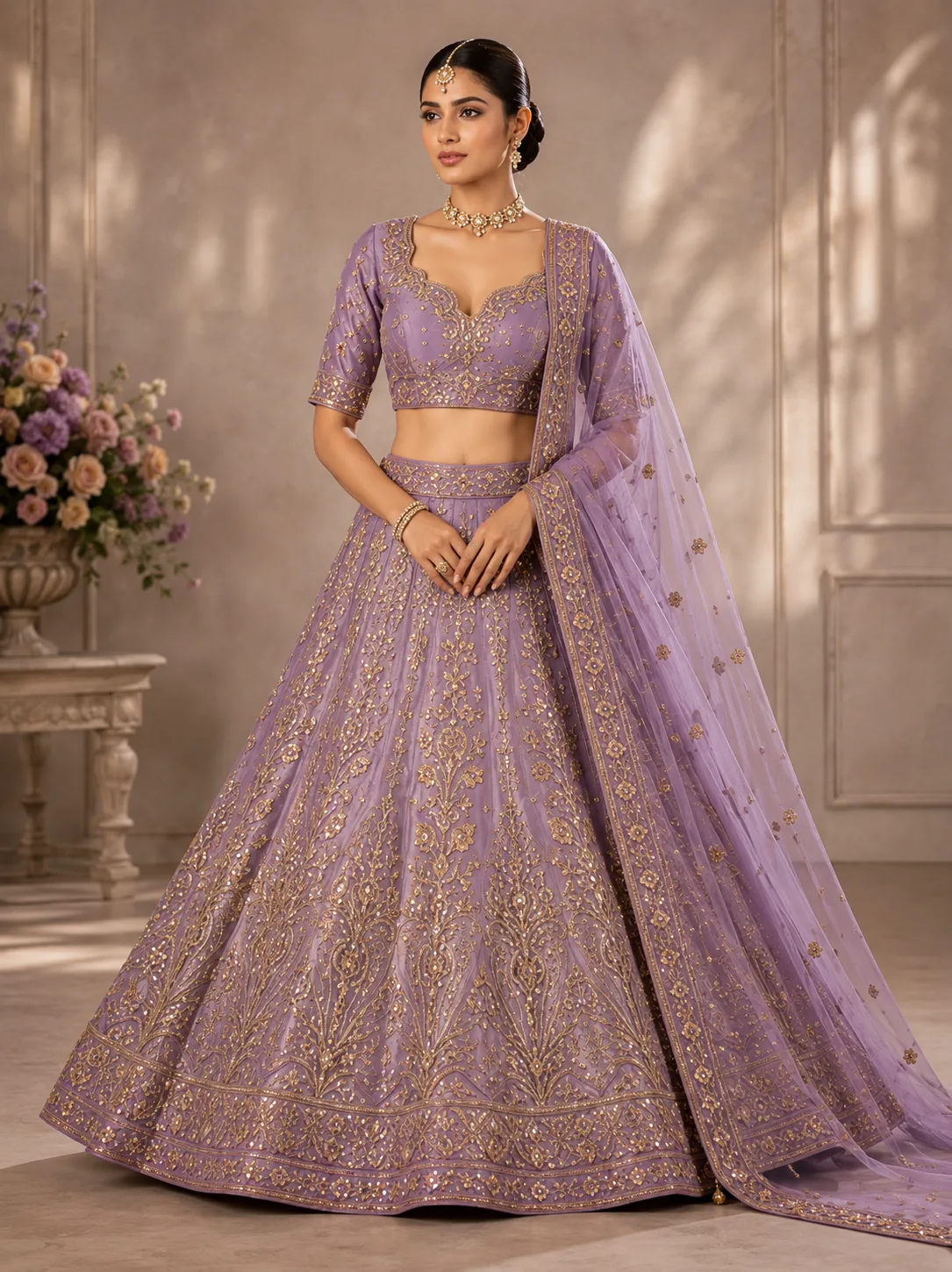 Lavender Zariwork Tissue Semi Stitched Lehenga