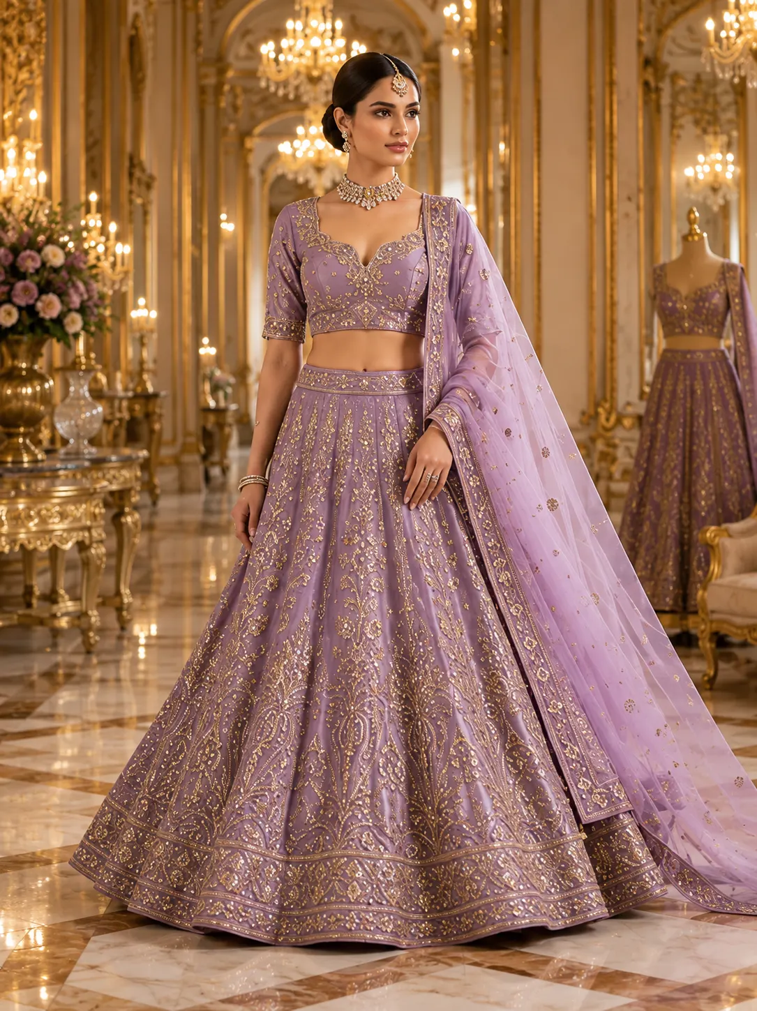 Lavender Zariwork Tissue Semi Stitched Lehenga