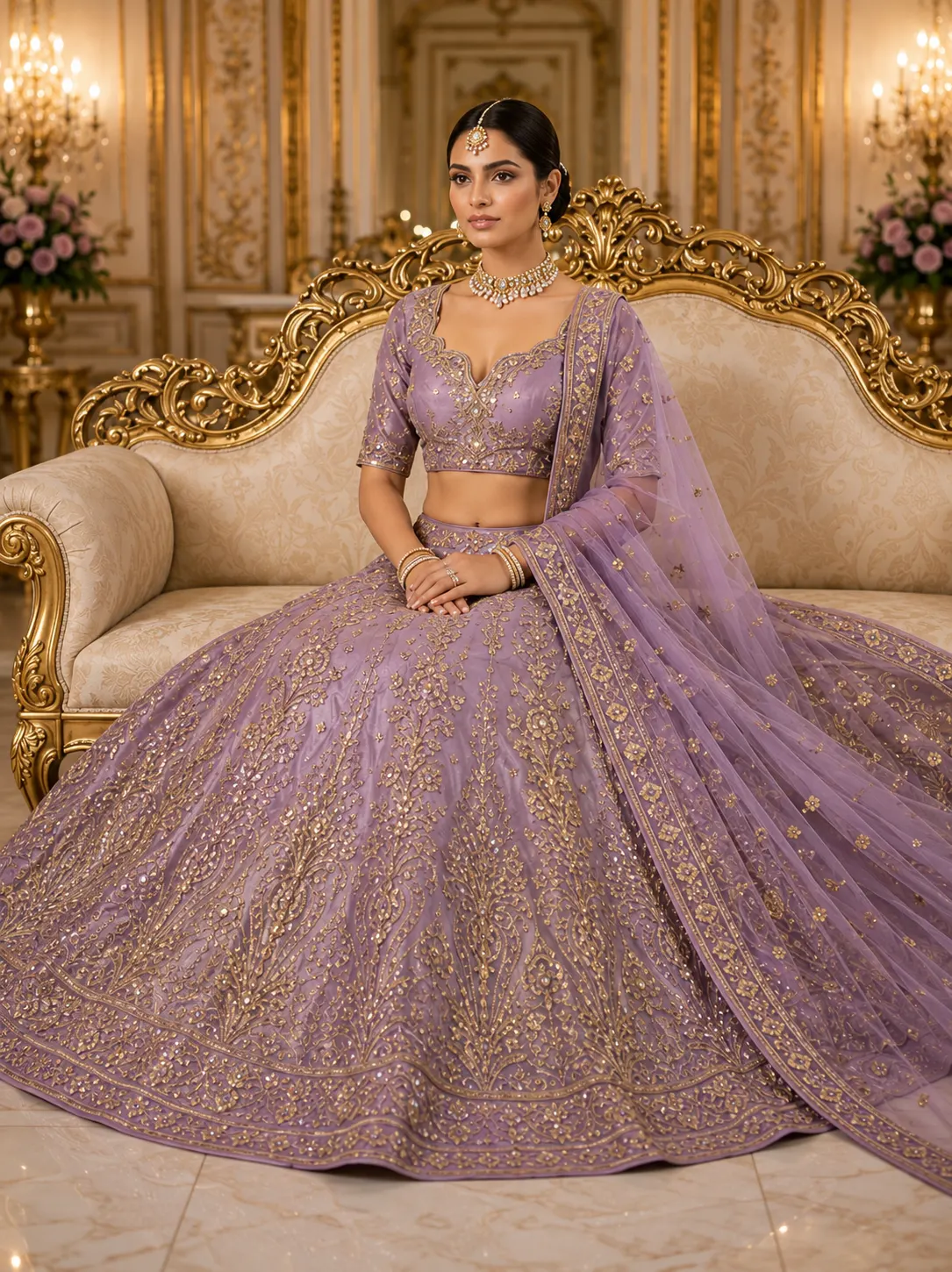 Lavender Zariwork Tissue Semi Stitched Lehenga
