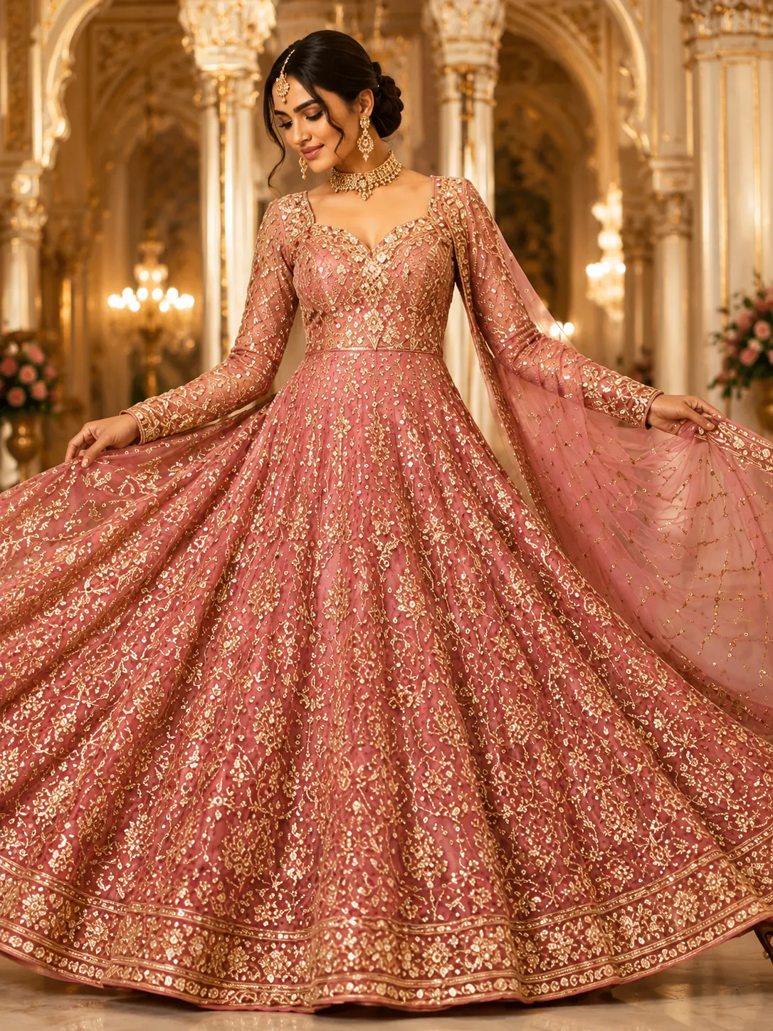 Onion Pink Sequins Net Readymade Lehenga
