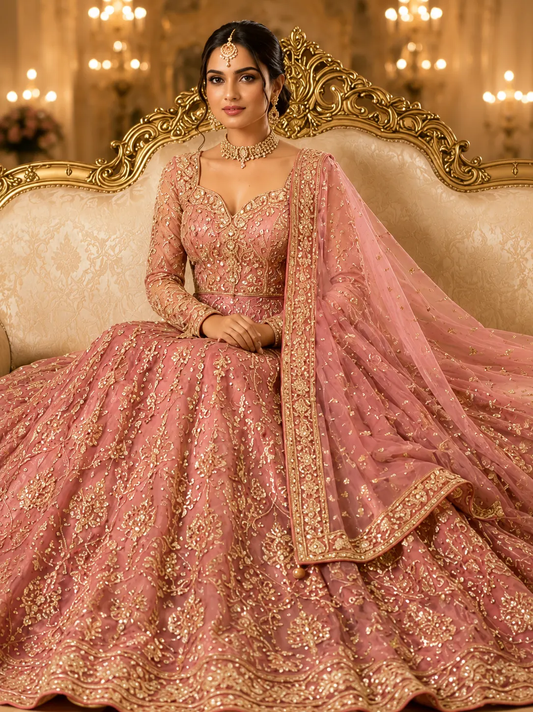 Onion Pink Sequins Net Readymade Lehenga