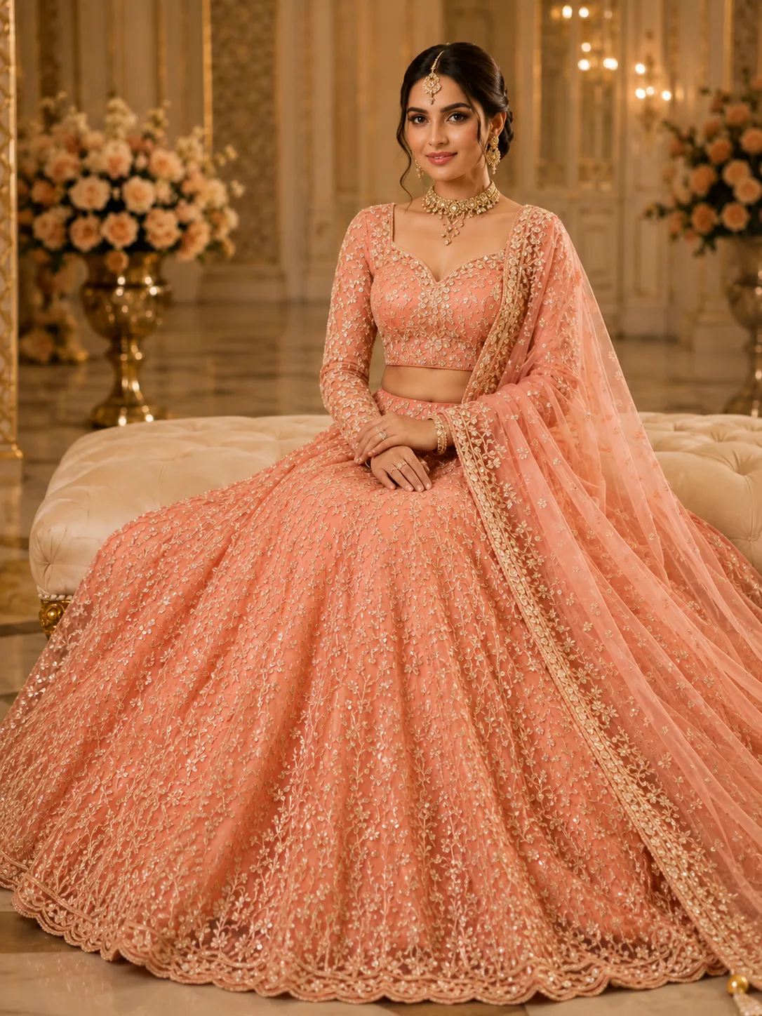 Peach Cording Net Readymade Lehenga