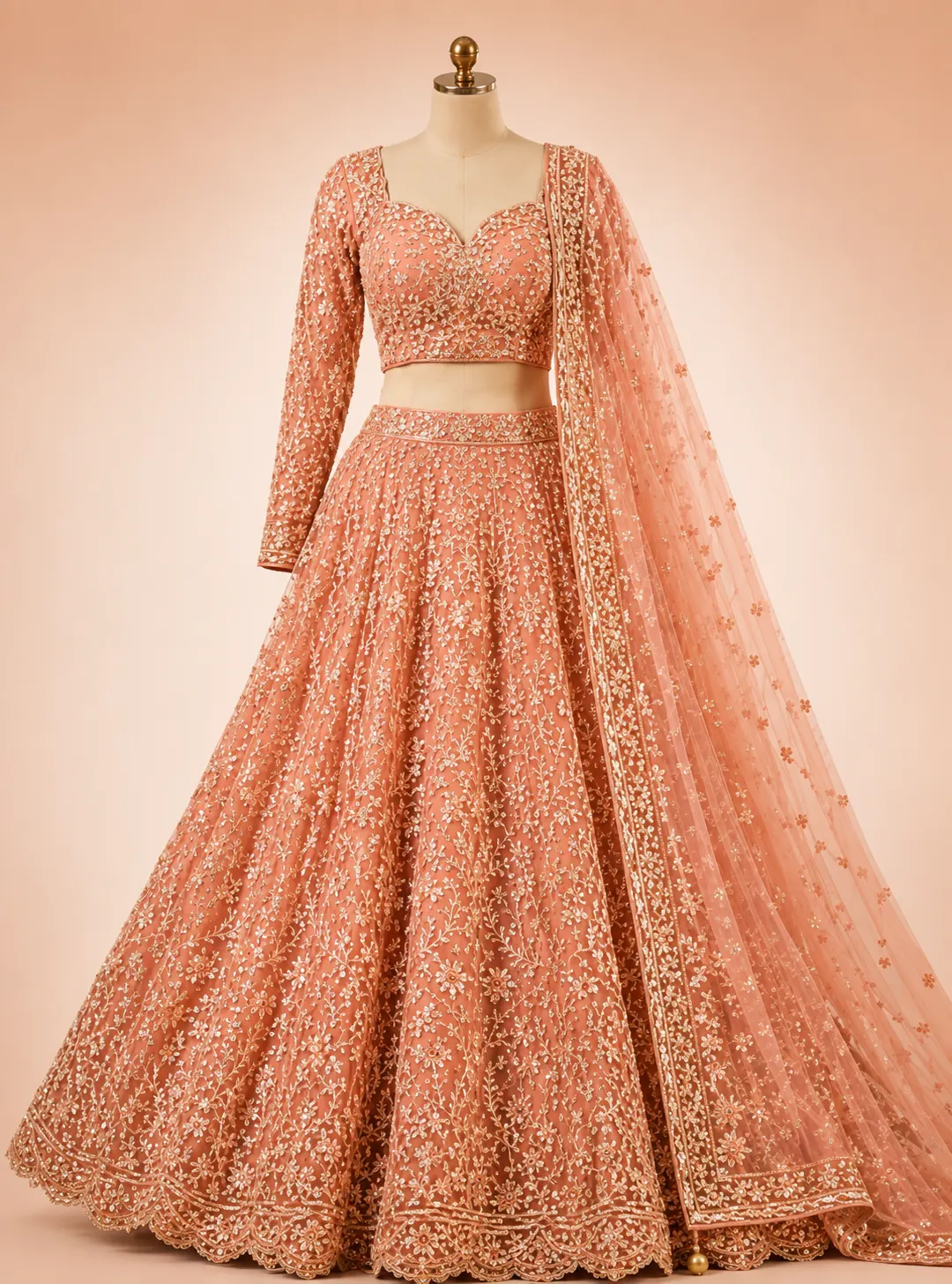 Peach Cording Net Readymade Lehenga