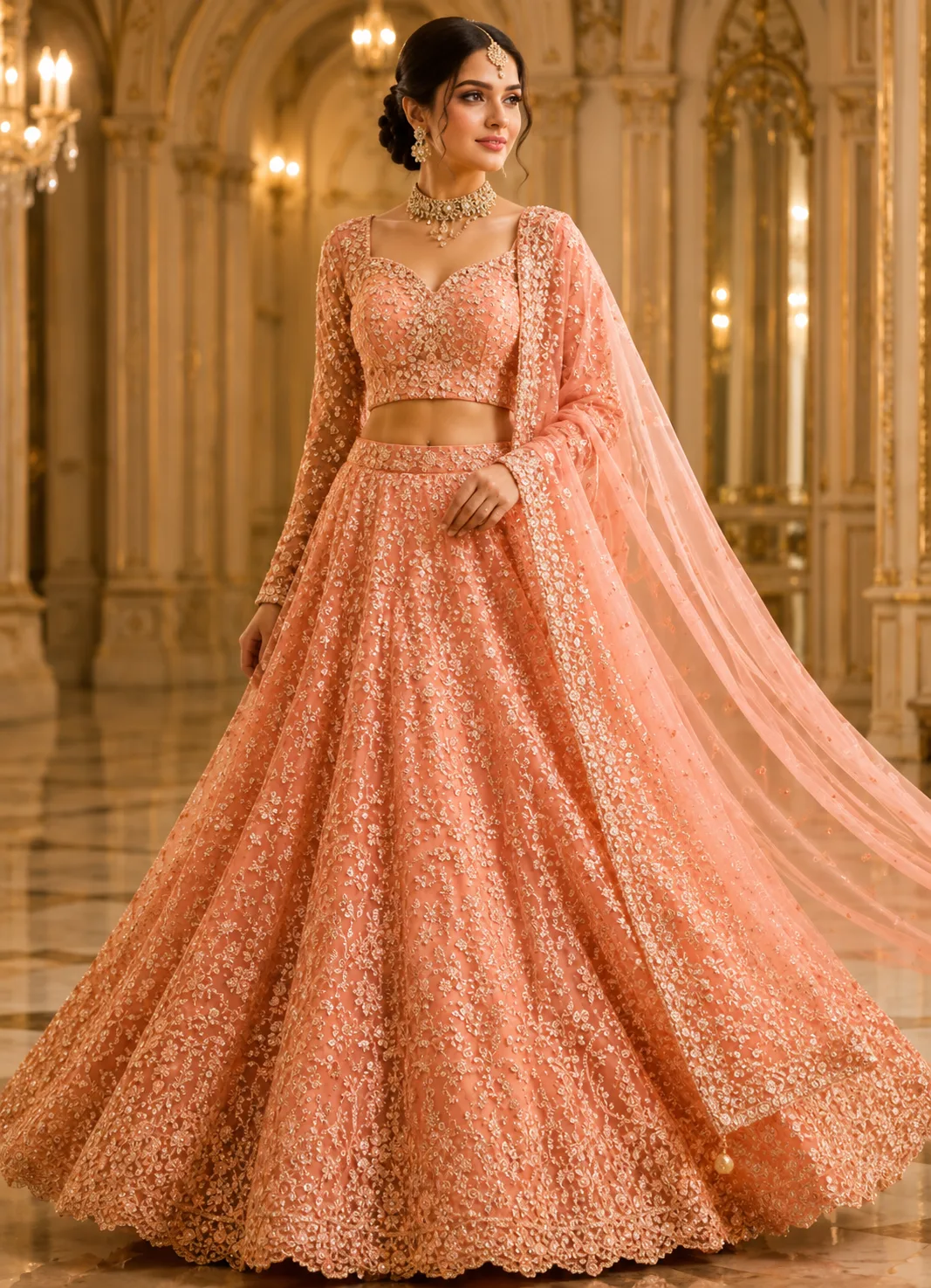 Peach Cording Net Readymade Lehenga