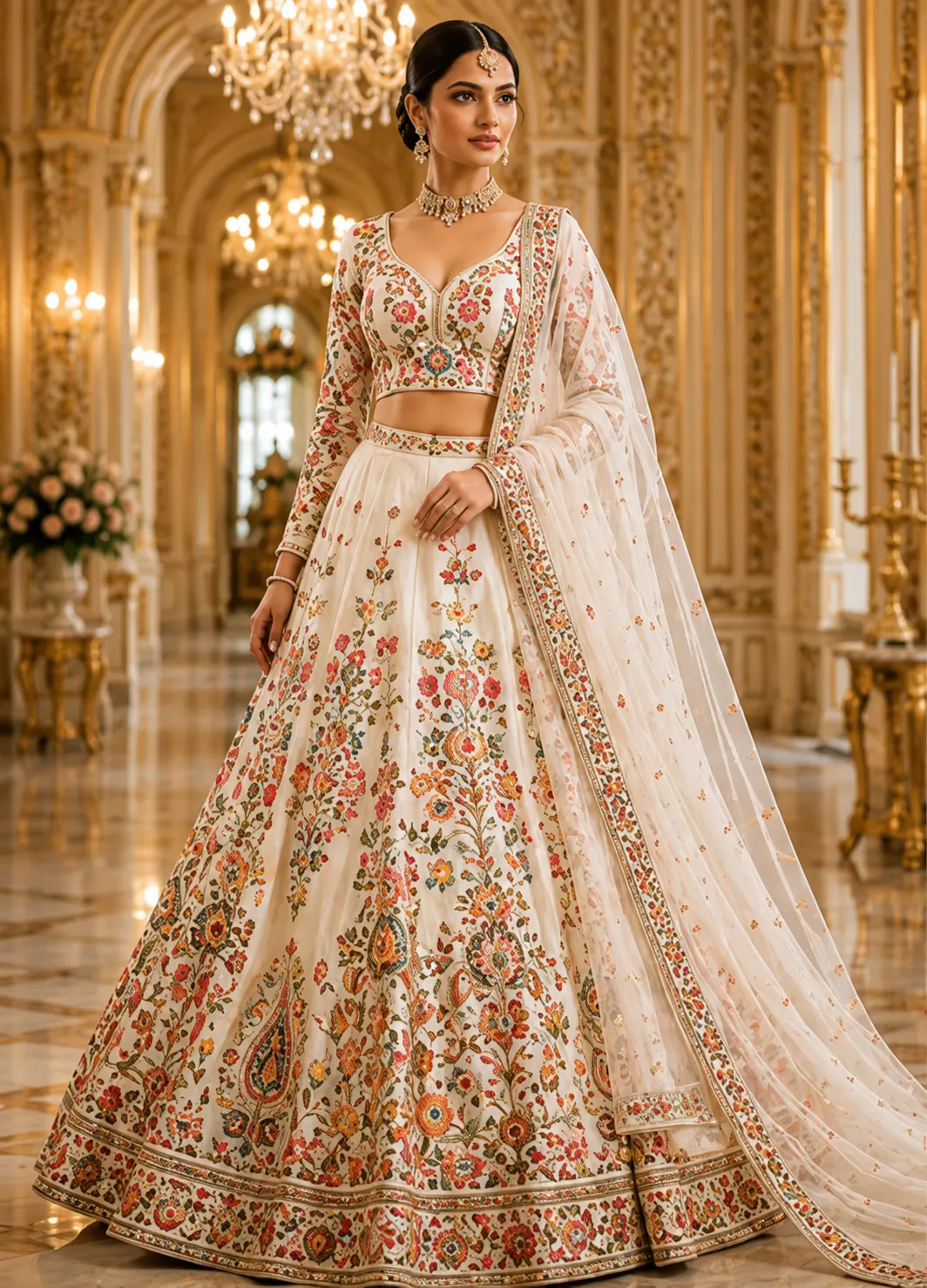 Cream Threadwork Raw Silk Readymade Lehenga
