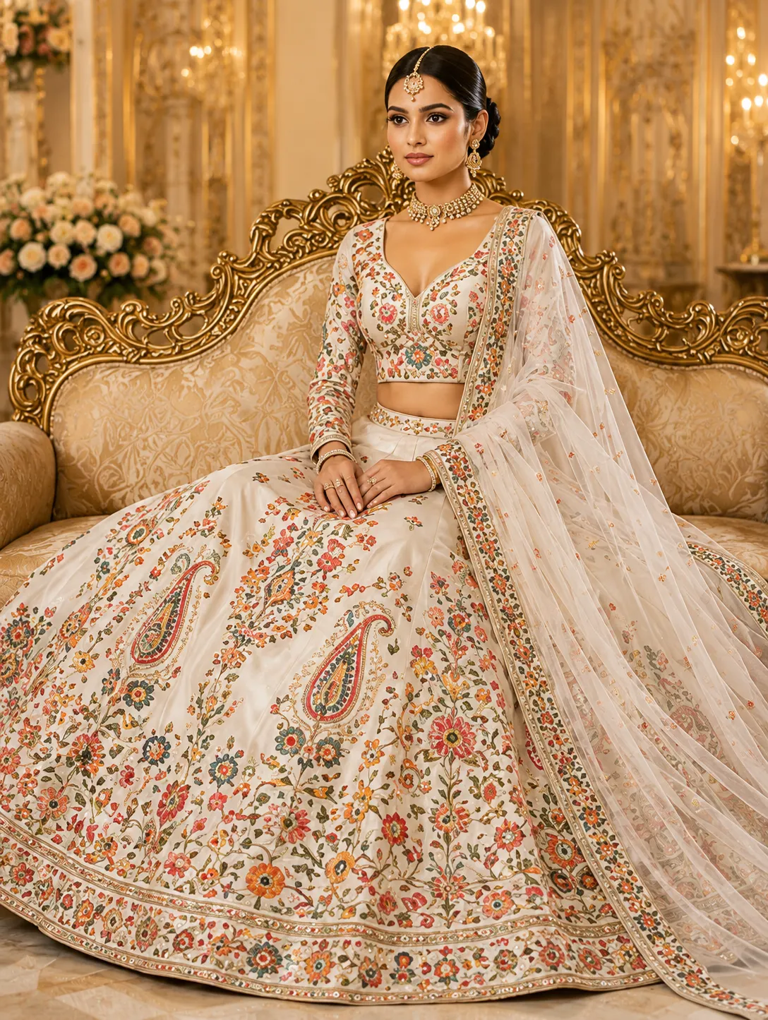Cream Threadwork Raw Silk Readymade Lehenga