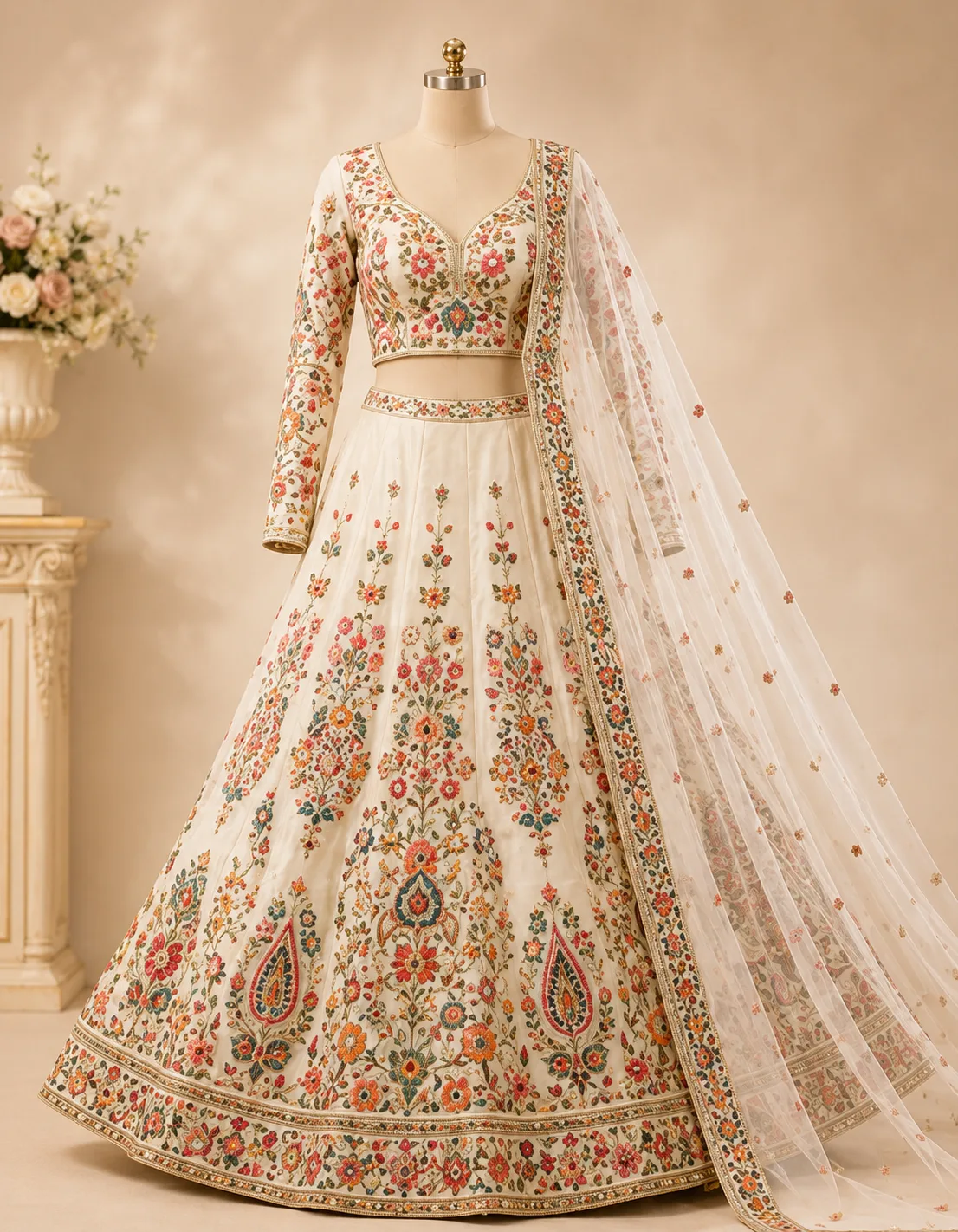 Cream Threadwork Raw Silk Readymade Lehenga
