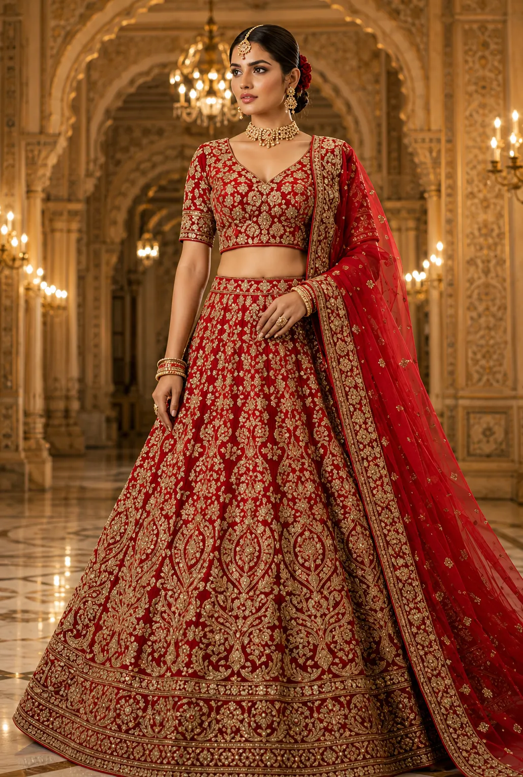 Red Zariwork Raw Silk Readymade Lehenga