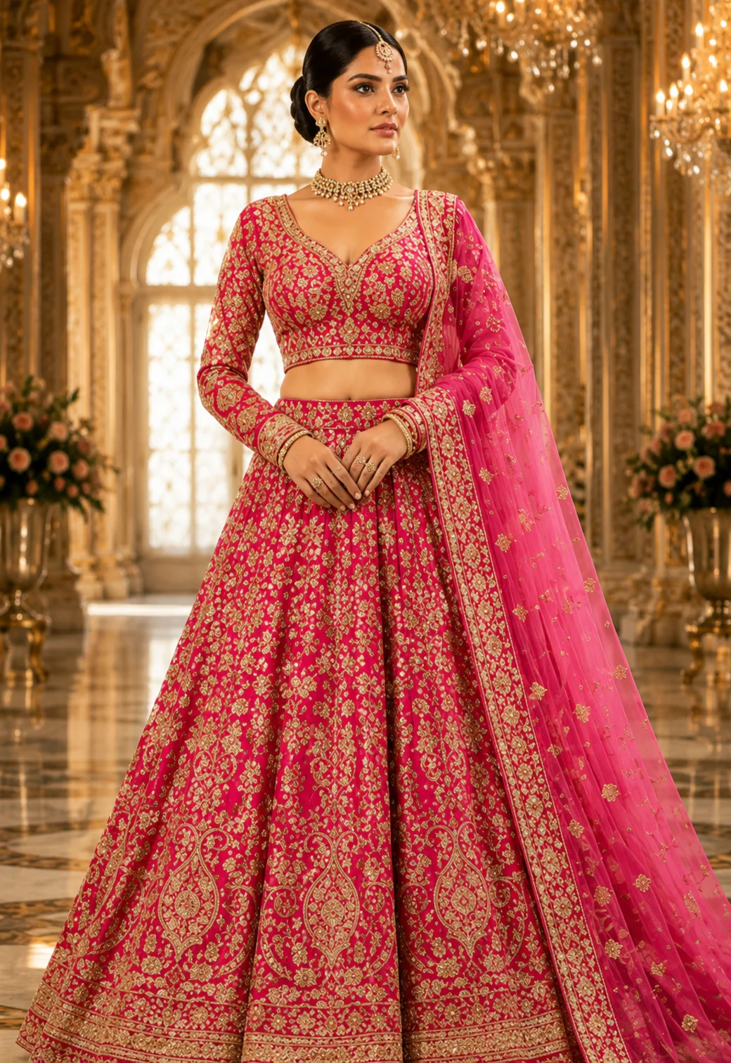 Rani Pink Zariwork (Gold) Net Readymade Lehenga