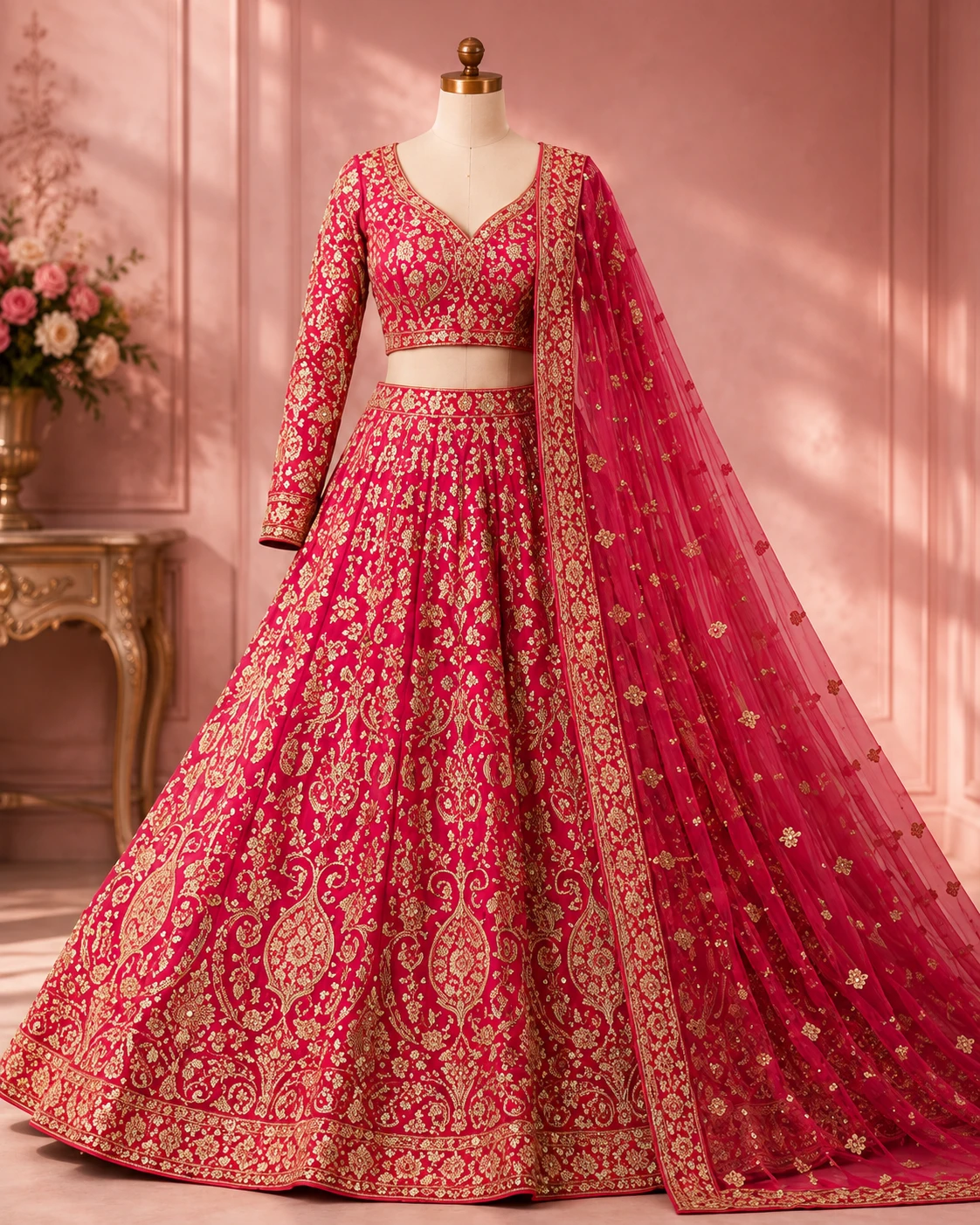 Rani Pink Zariwork (Gold) Net Readymade Lehenga