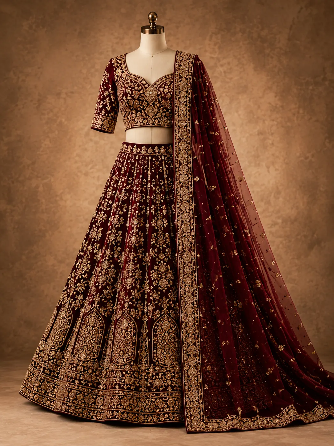Maroon Zardosi Raw Silk Semi-Stitched Lehenga