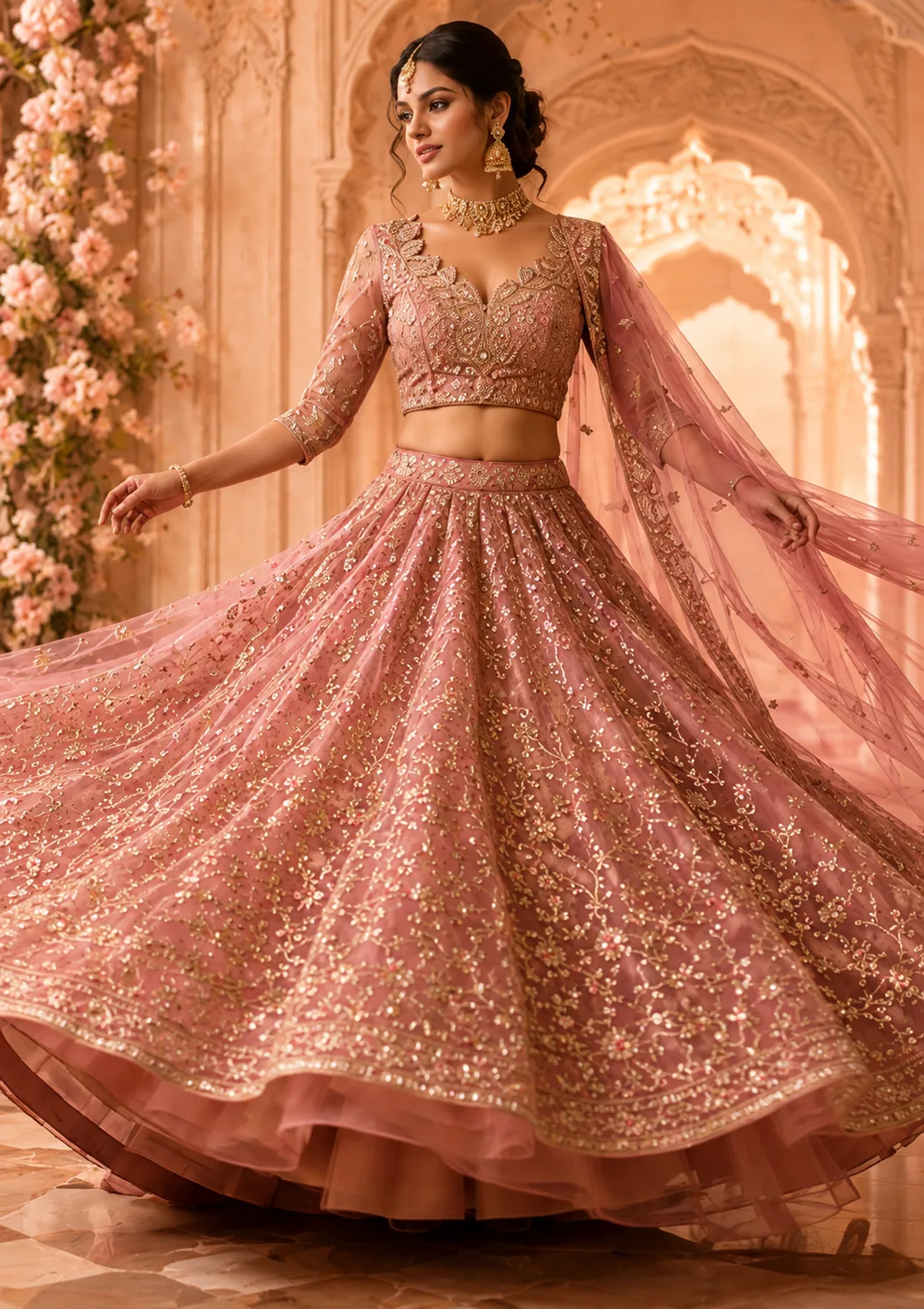 Pink Zariwork Net Semi Stitched Lehenga