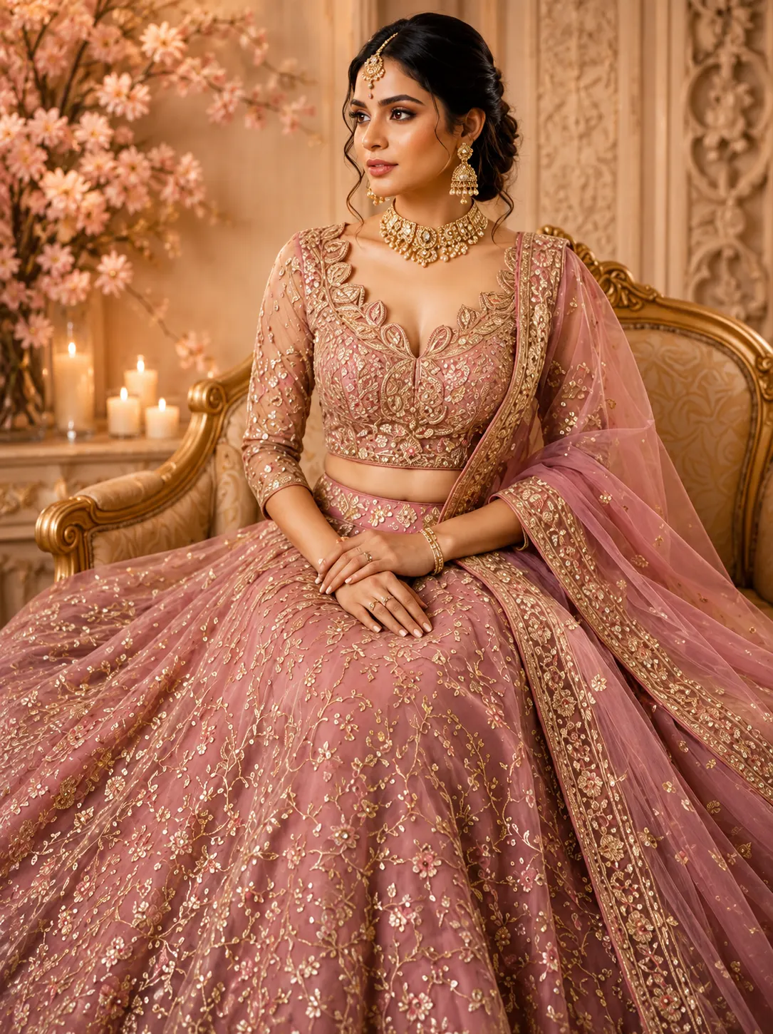 Pink Zariwork Net Semi Stitched Lehenga