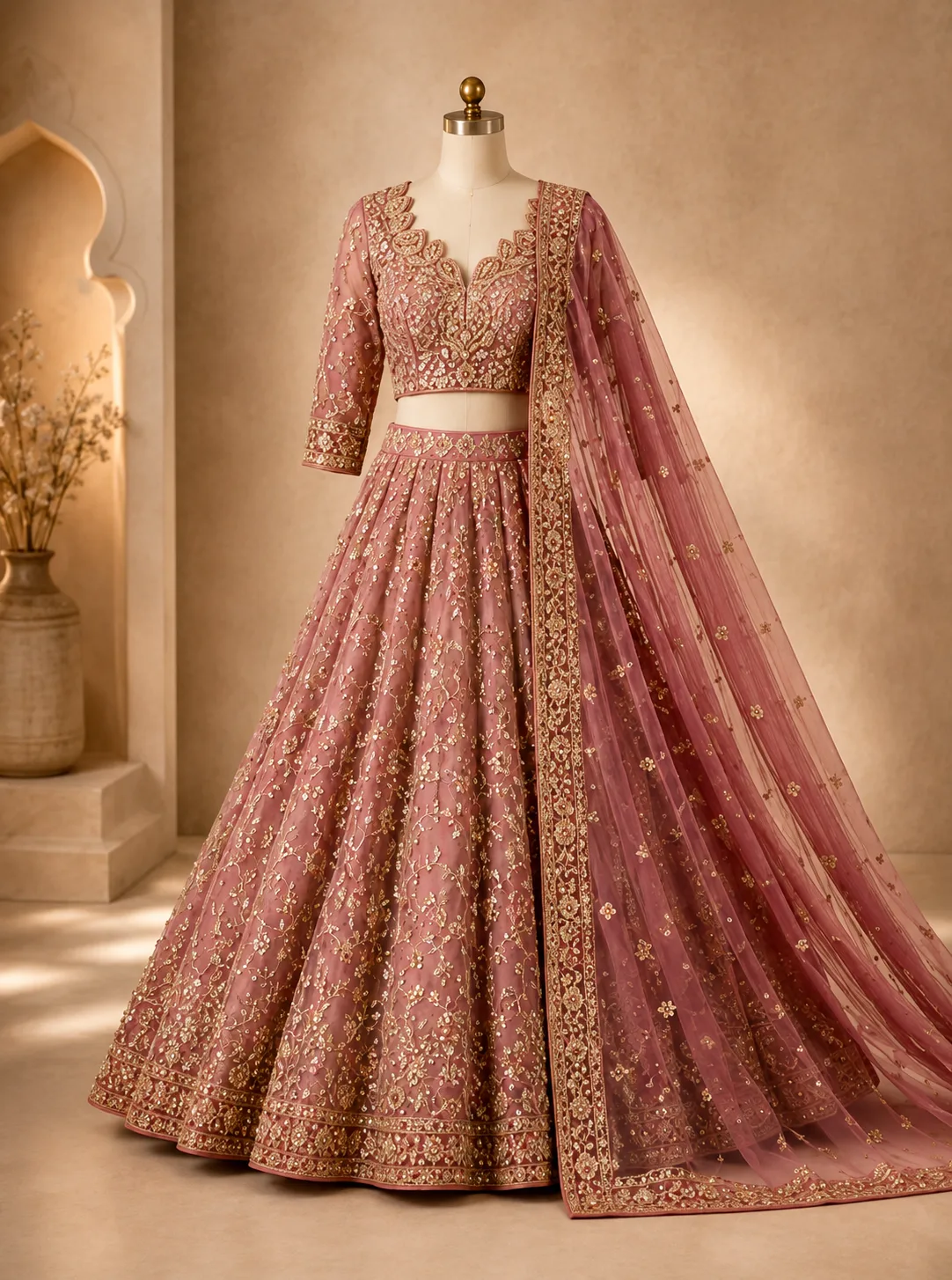 Pink Zariwork Net Semi Stitched Lehenga
