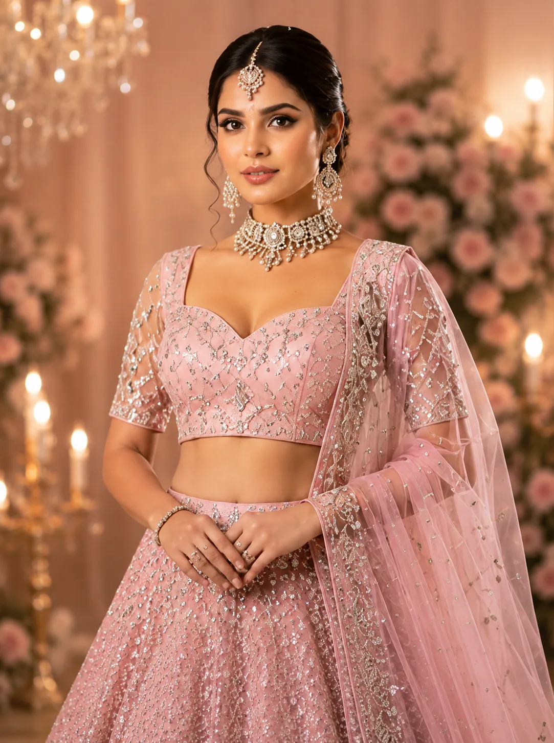 Baby Pink Silver Stonework Net Readymade Lehenga