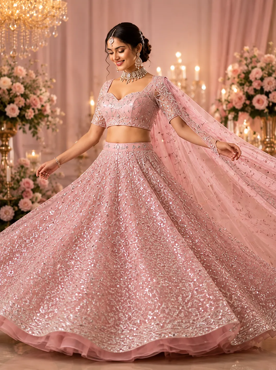 Baby Pink Silver Stonework Net Readymade Lehenga