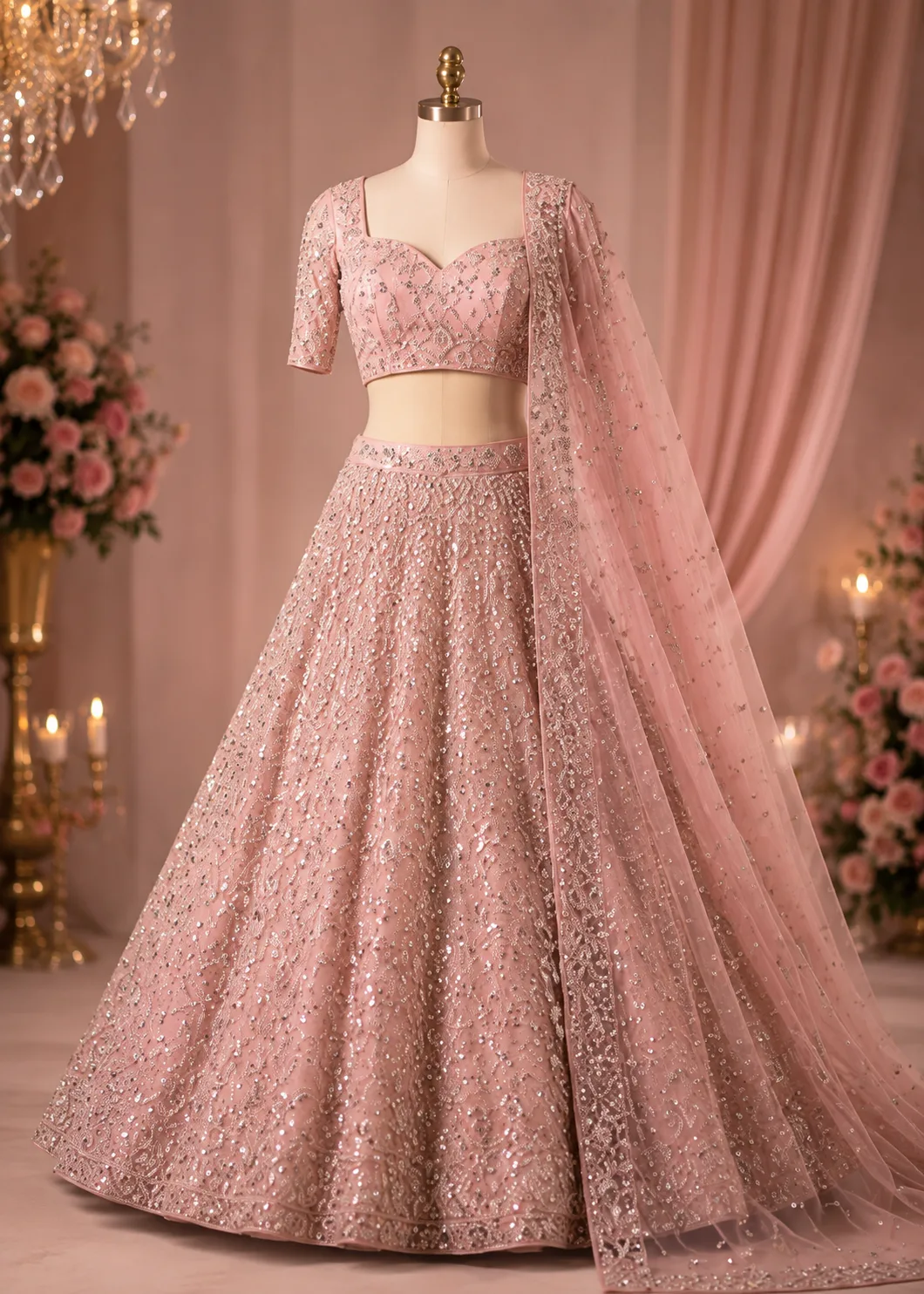 Baby Pink Silver Stonework Net Readymade Lehenga