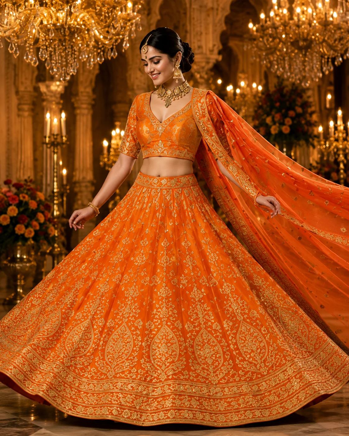 Orange Cording Banarasi Readymade Lehenga