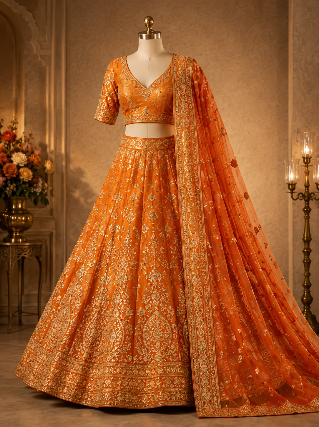 Orange Cording Banarasi Readymade Lehenga