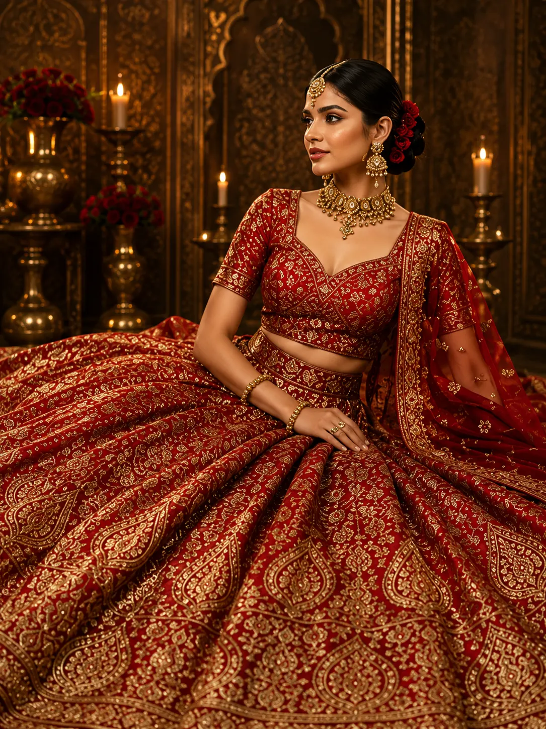 Red Zardosi Brocade Readymade Lehenga