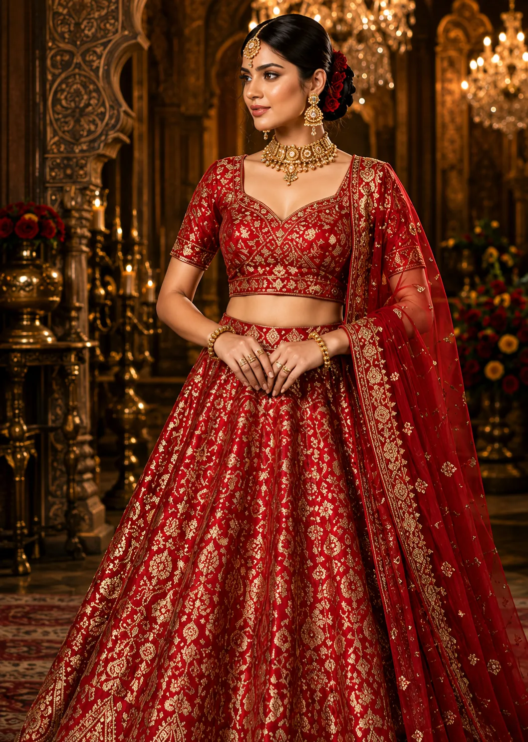 Red Zardosi Brocade Readymade Lehenga