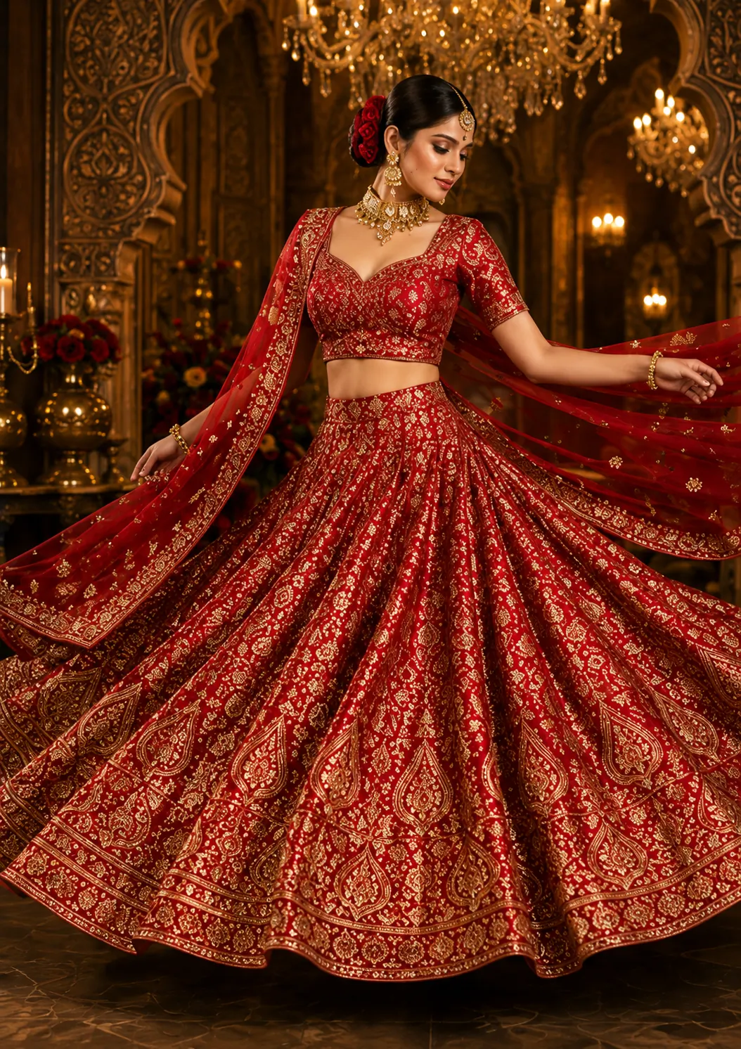 Red Zardosi Brocade Readymade Lehenga