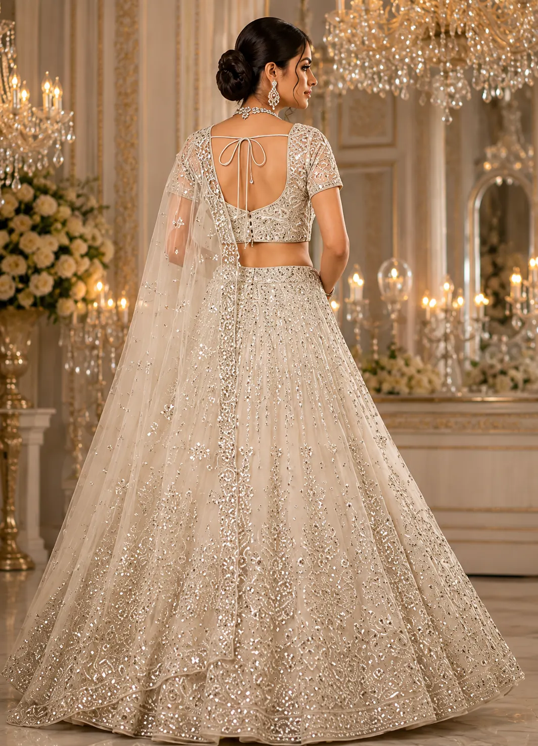 Off White Silver Stonework Net Readymade Lehenga