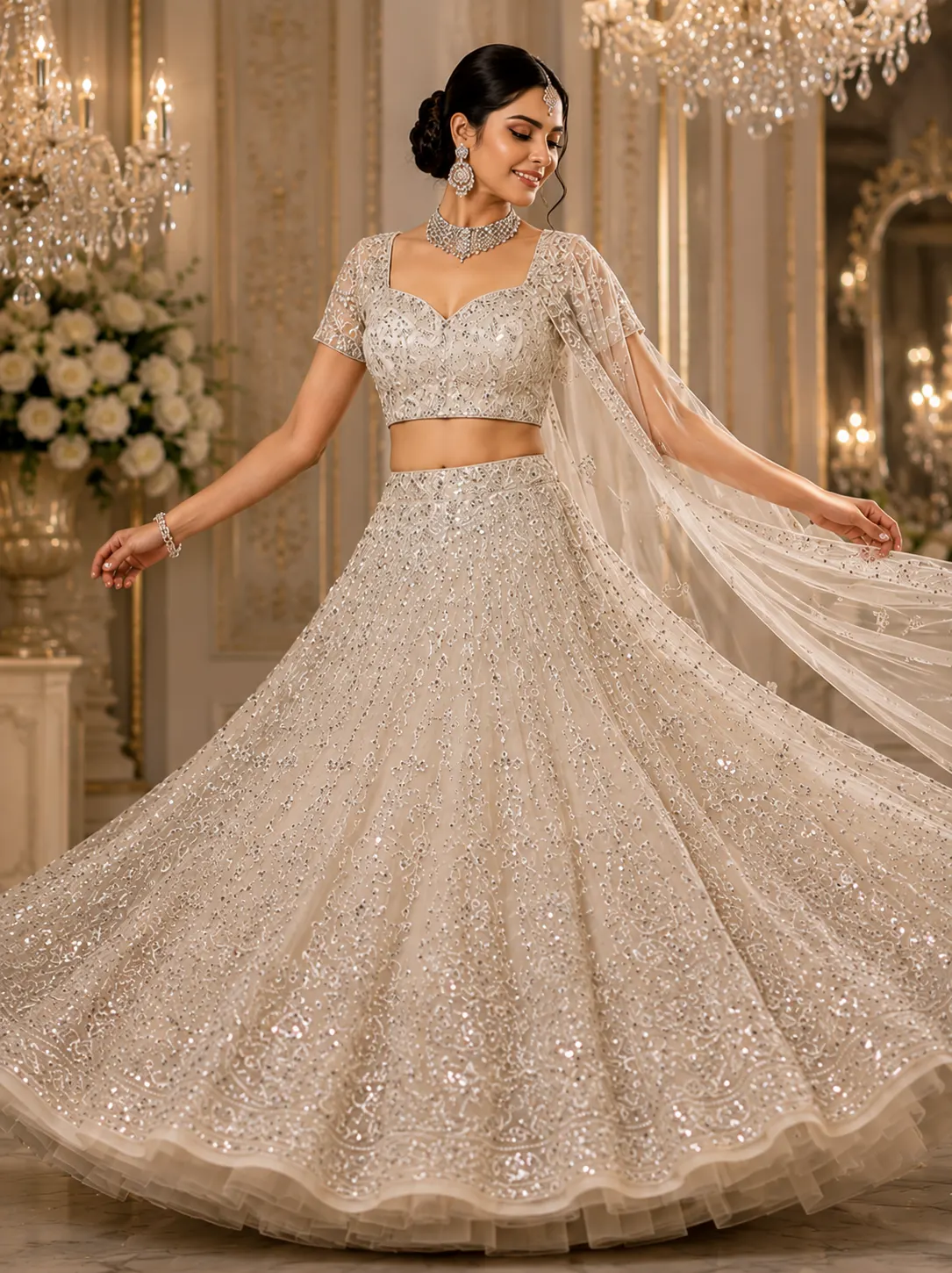 Off White Silver Stonework Net Readymade Lehenga