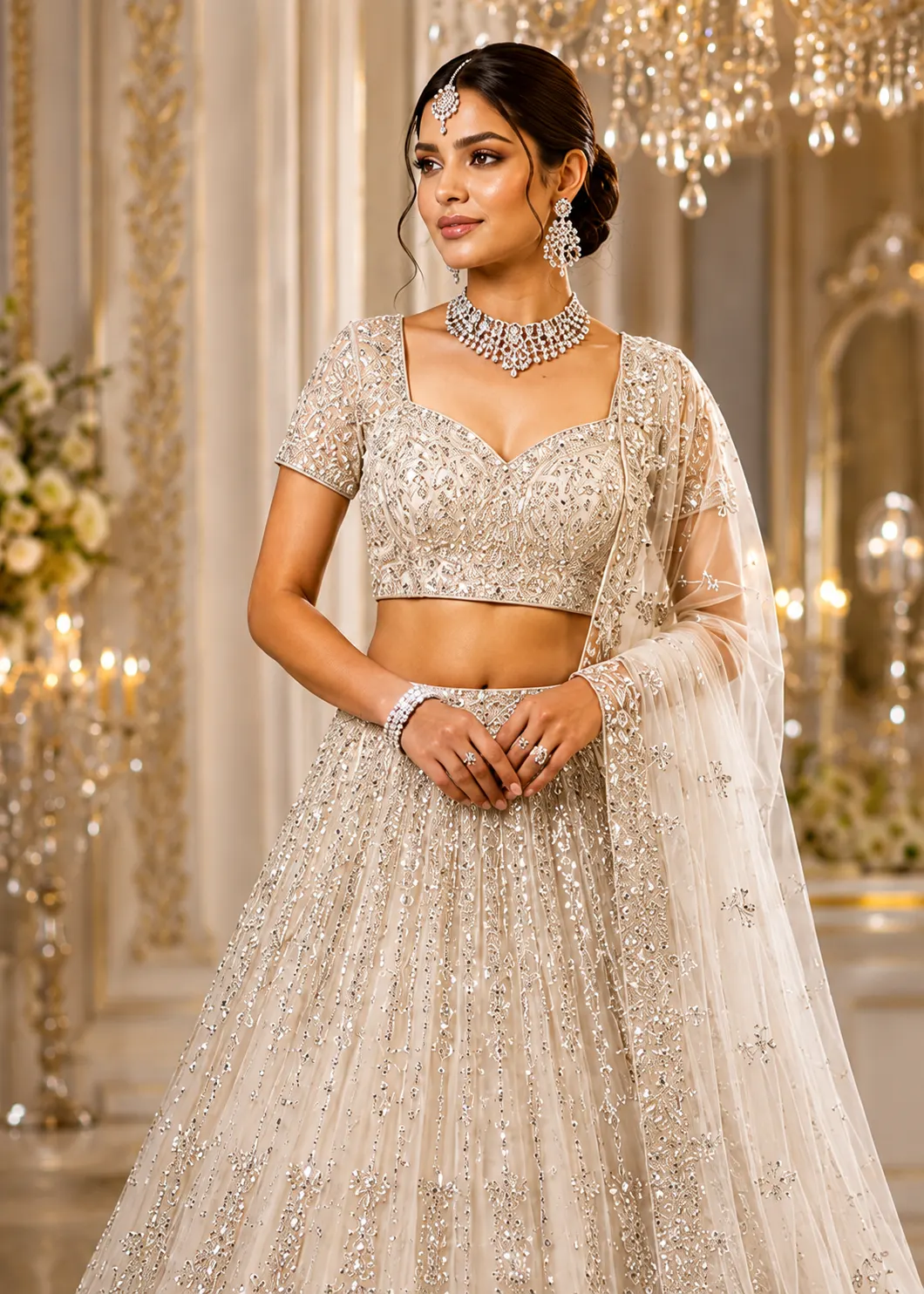 Off White Silver Stonework Net Readymade Lehenga