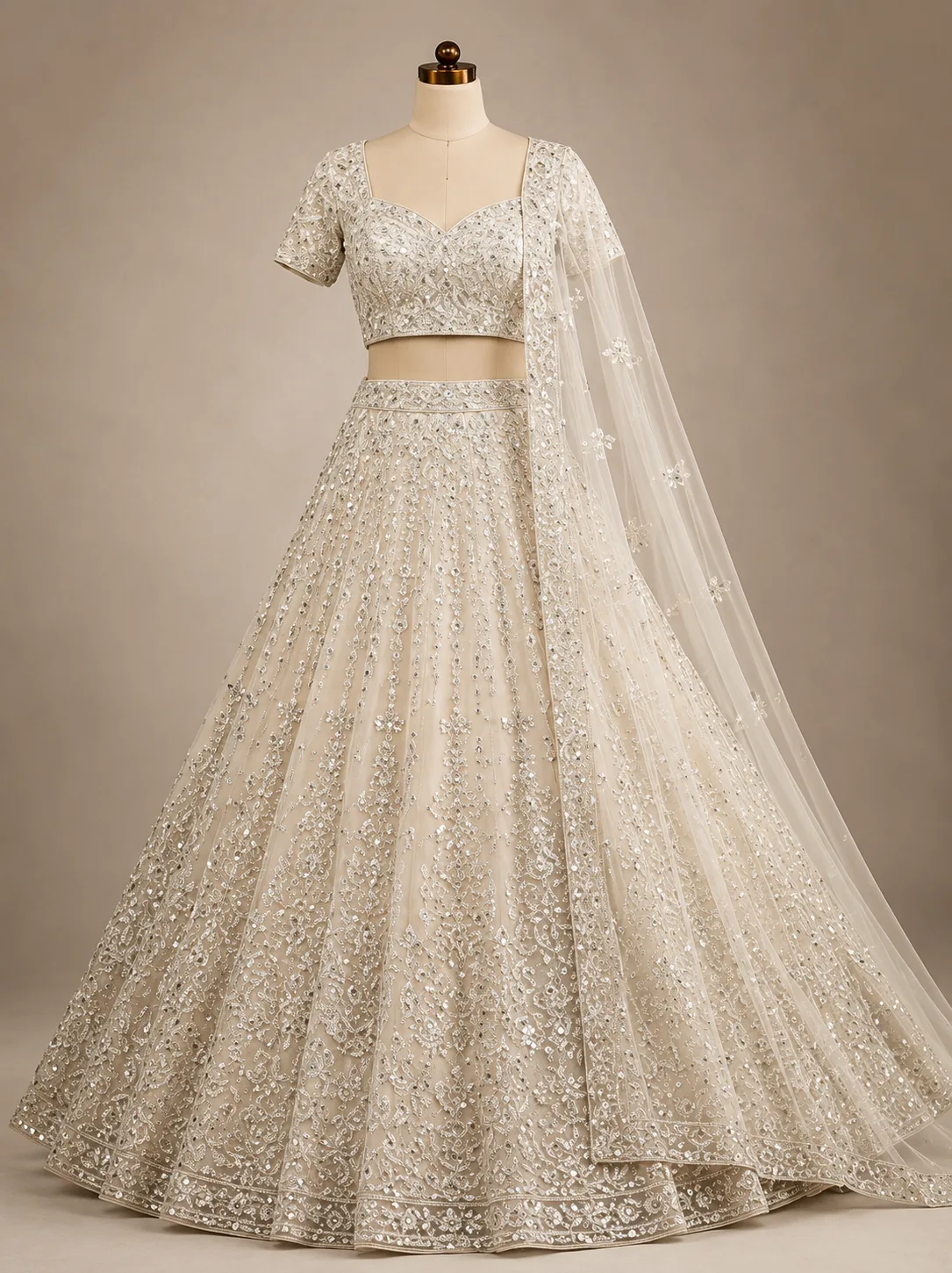 Off White Silver Stonework Net Readymade Lehenga