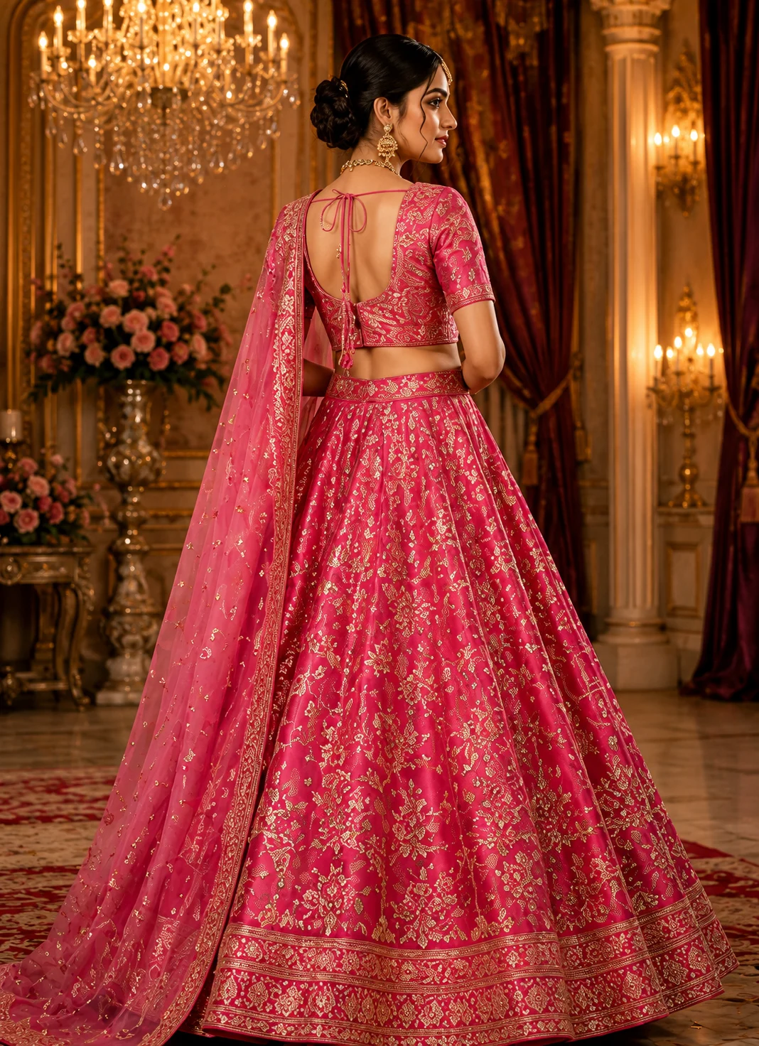 Pink Threadwork Banarasi Readymade Lehenga