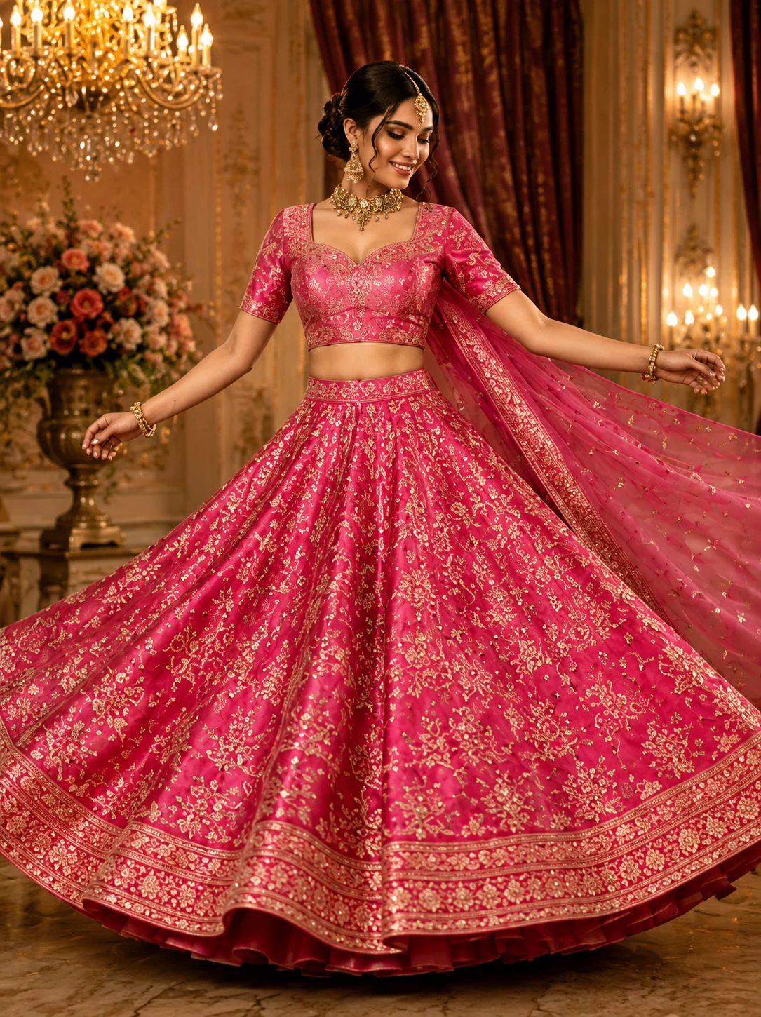 Pink Threadwork Banarasi Readymade Lehenga