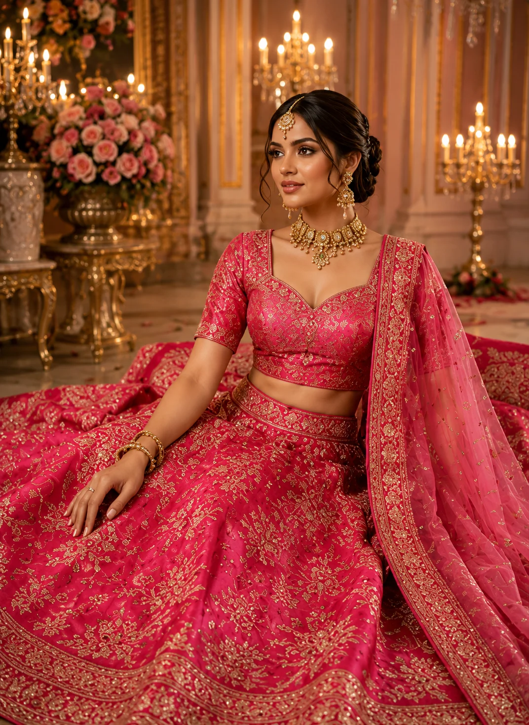 Pink Threadwork Banarasi Readymade Lehenga