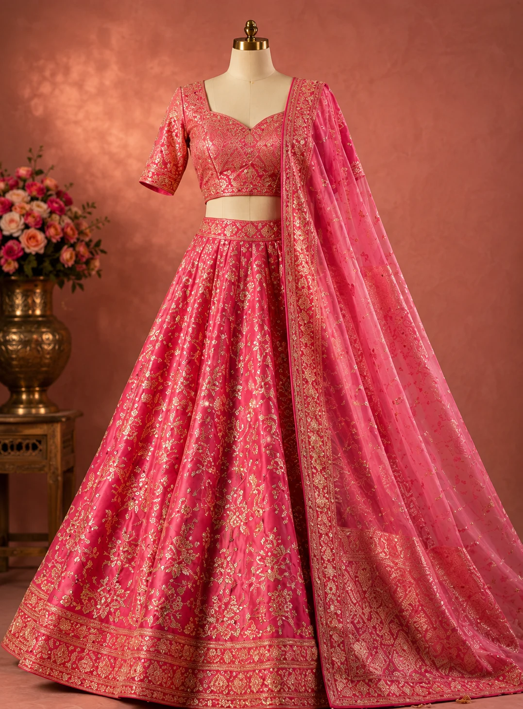 Pink Threadwork Banarasi Readymade Lehenga