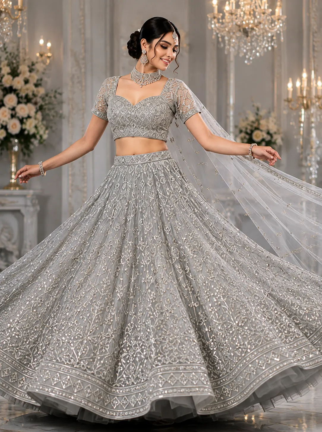 Light Grey Cording Net Readymade Lehenga