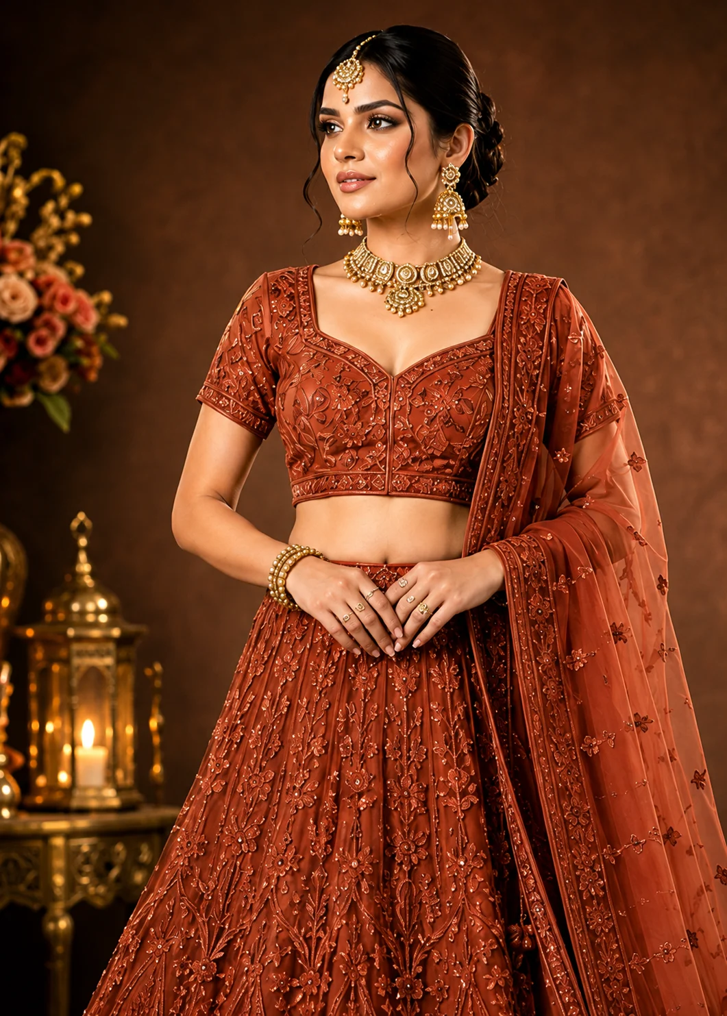 Rust Cording Georgette Readymade Lehenga